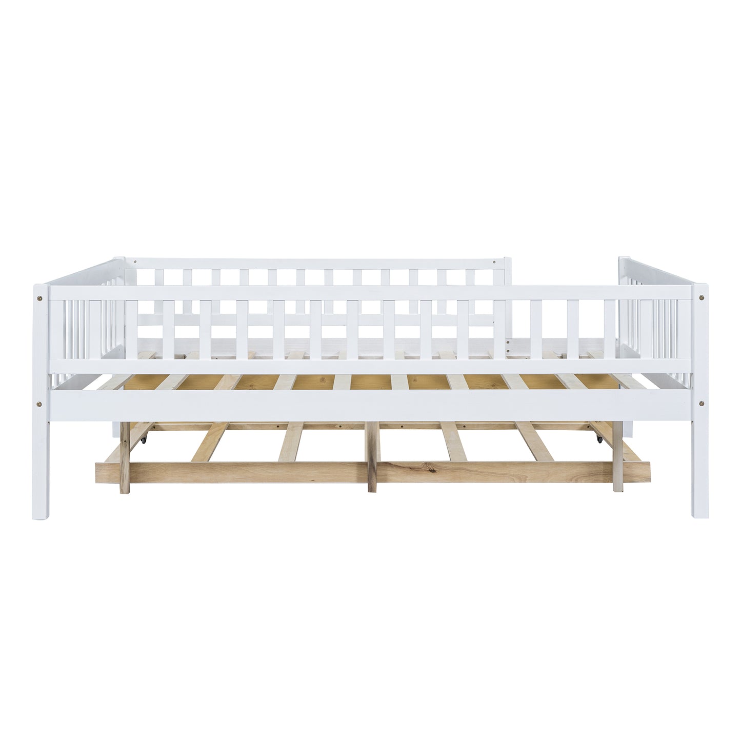 White wooden daybed with slatted backrest and pullout trundle