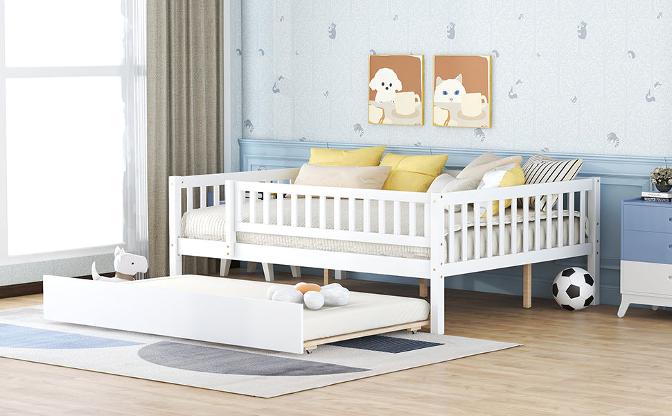 White wooden daybed with pullout trundle perfect for kids rooms