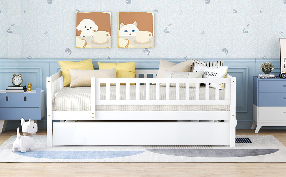 White wooden daybed with pullout trundle for kids