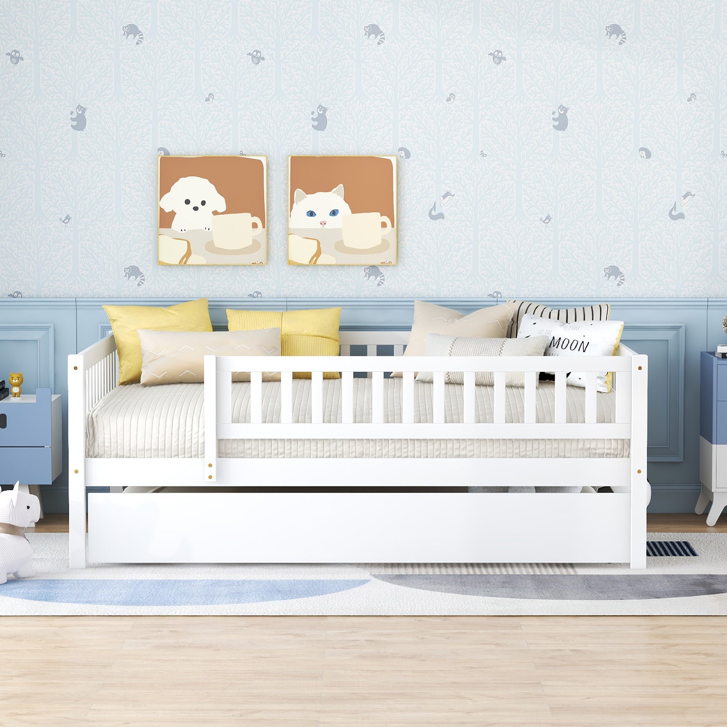 White wooden daybed with trundle featuring safety rails and a white mattress