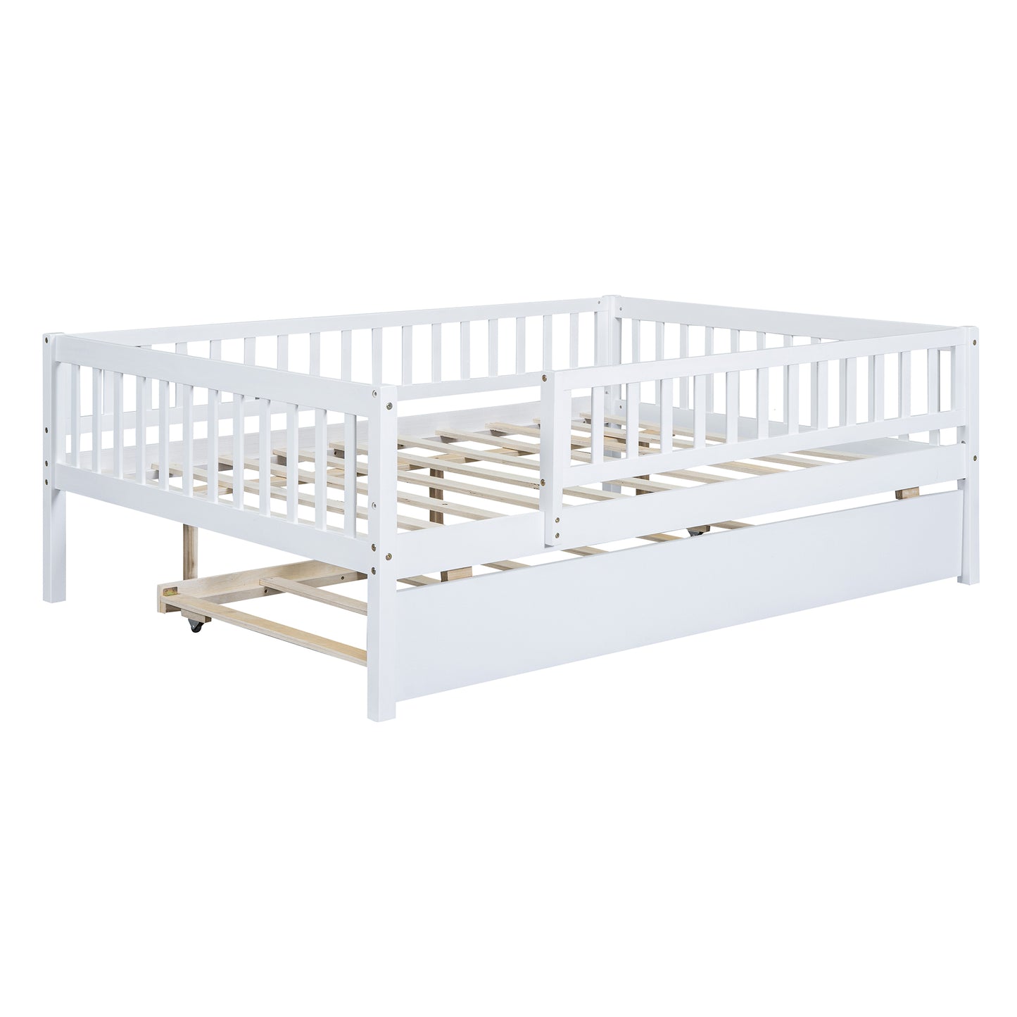 White wooden twin bed with guardrails and pullout trundle