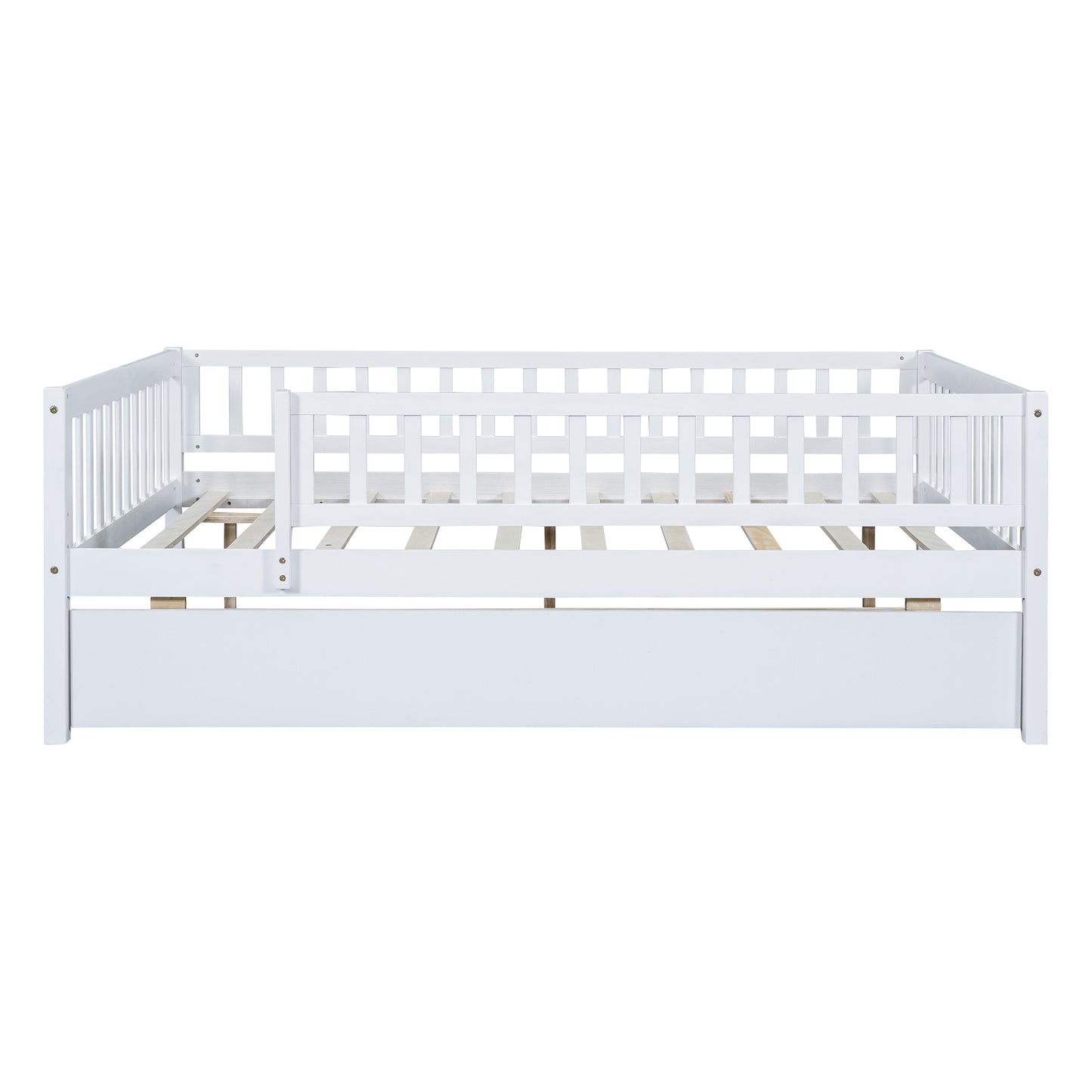 White wooden daybed with guardrails for toddlers