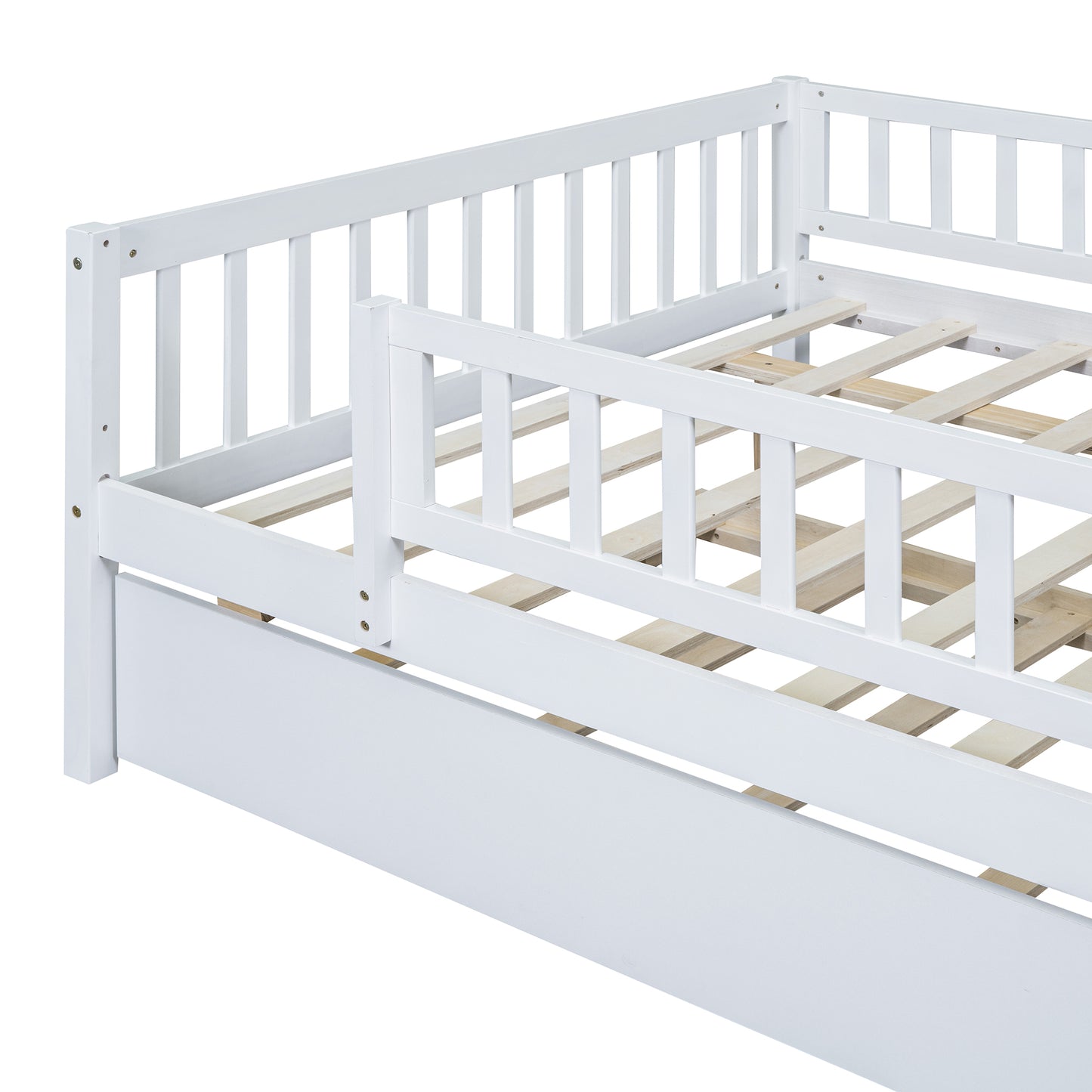 White wooden toddler bed frame with slatted side rails and base