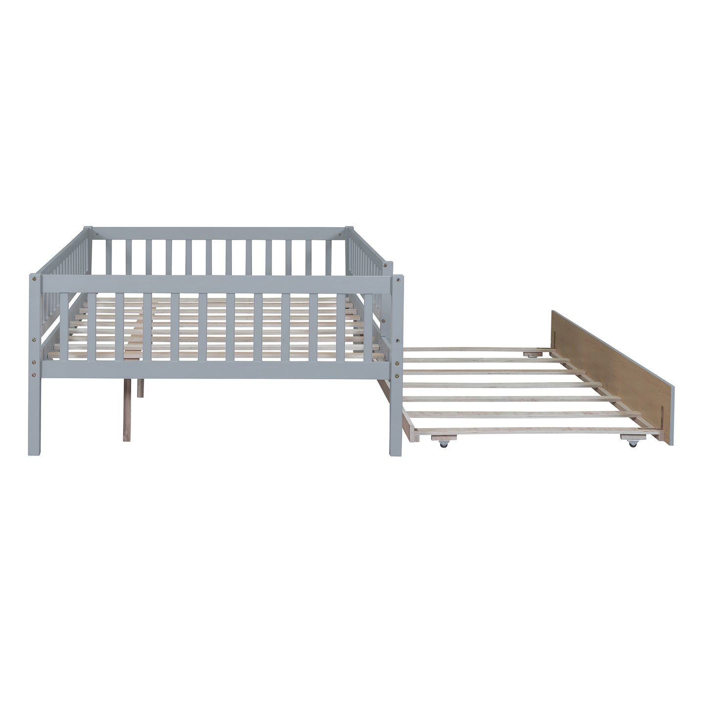 Grey wooden twin bed frame with pullout trundle bed