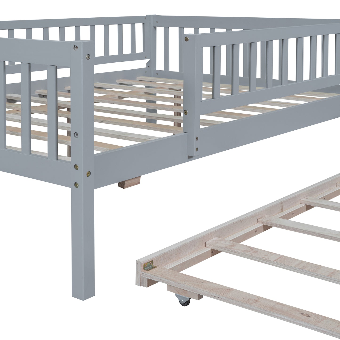 Grey wooden toddler bed frame with slatted base and pullout trundle bed