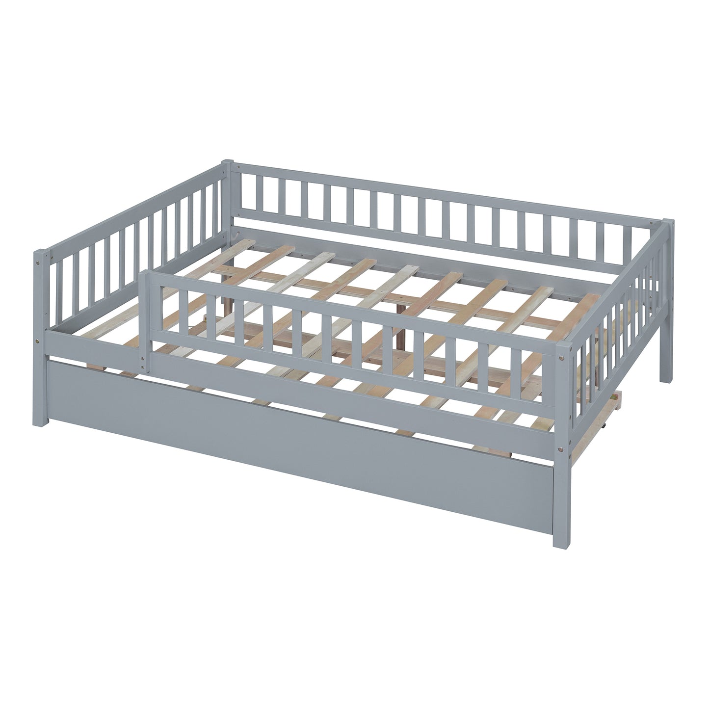 Grey wooden twin daybed with guardrails and pullout trundle