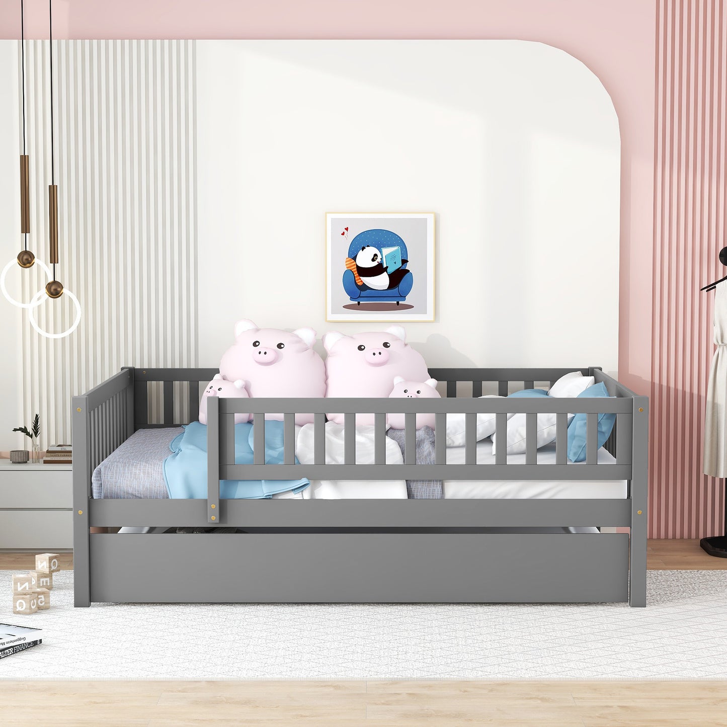 Grey wooden daybed with pullout trundle for kids rooms