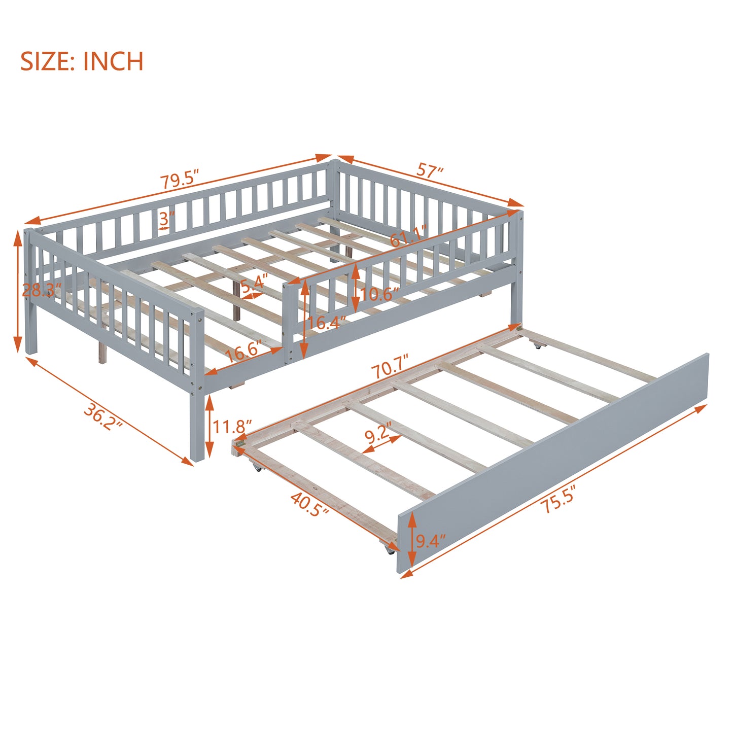 Grey wooden daybed frame with pullout trundle showcasing dimensions for modern living