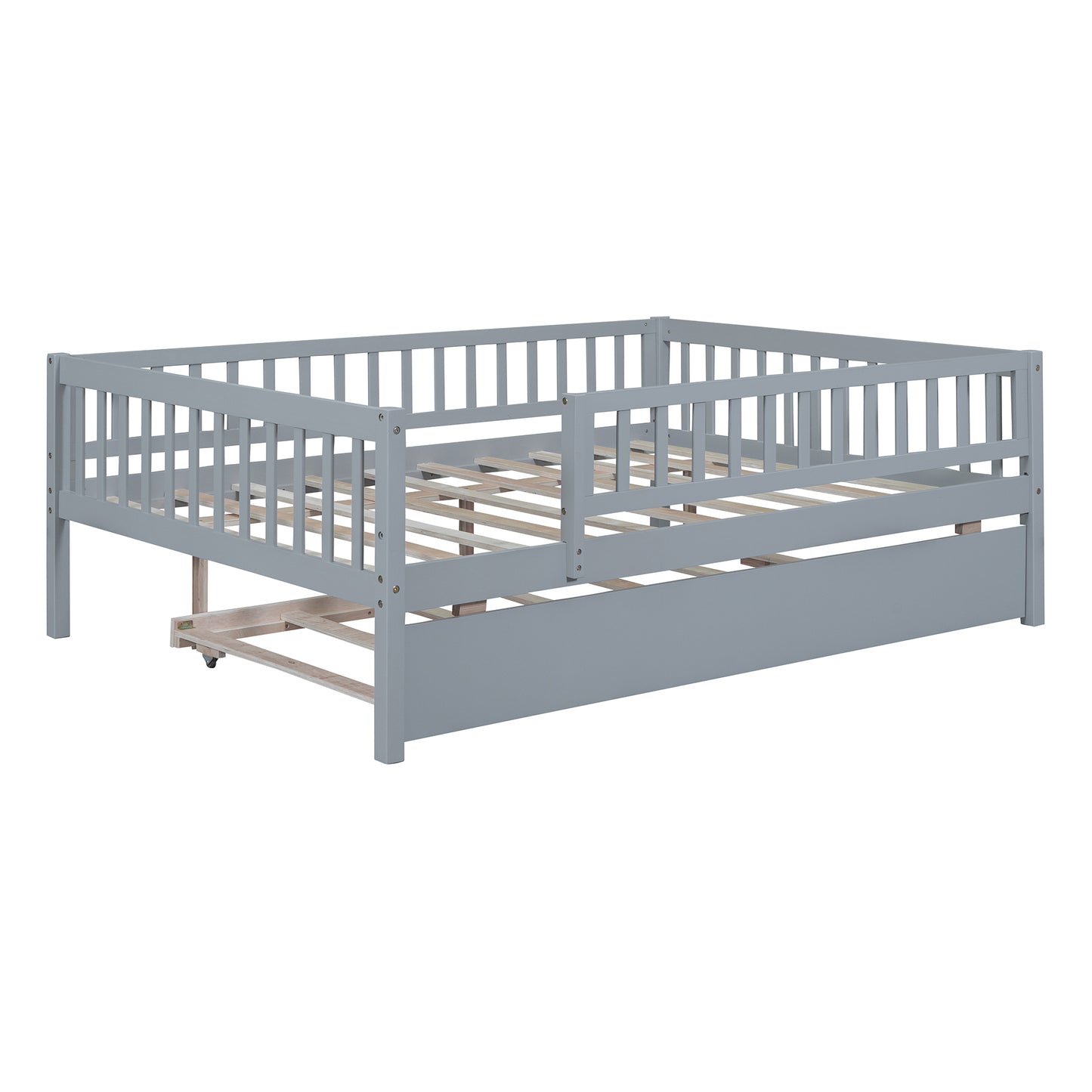 Gray wooden twin daybed with pullout trundle for children