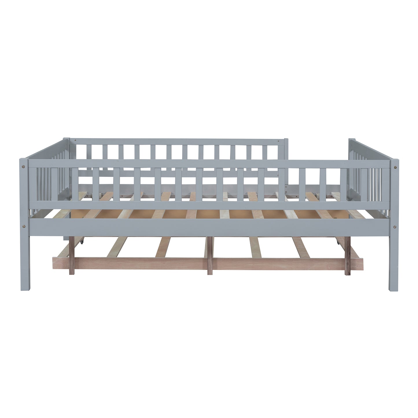 Gray wooden daybed frame with slatted support and protective rails