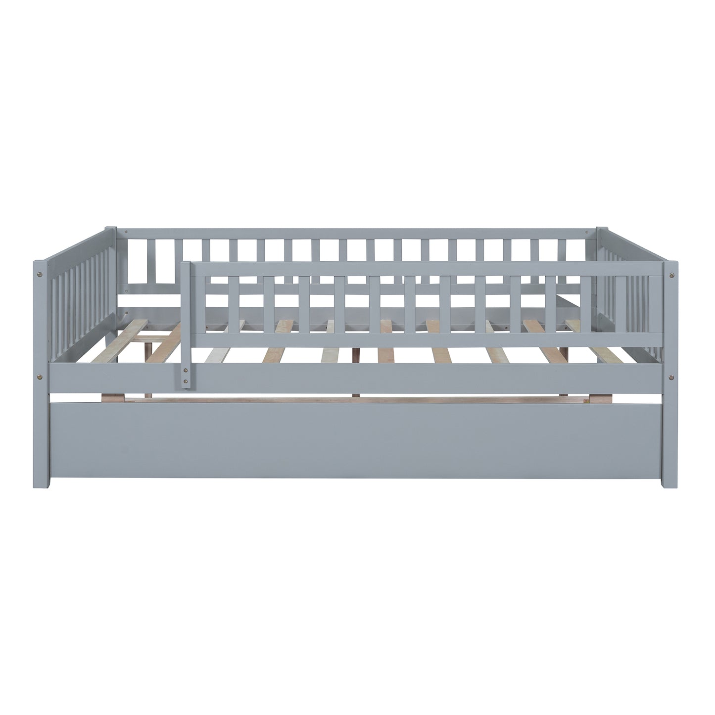 Grey wooden toddler bed with guardrails