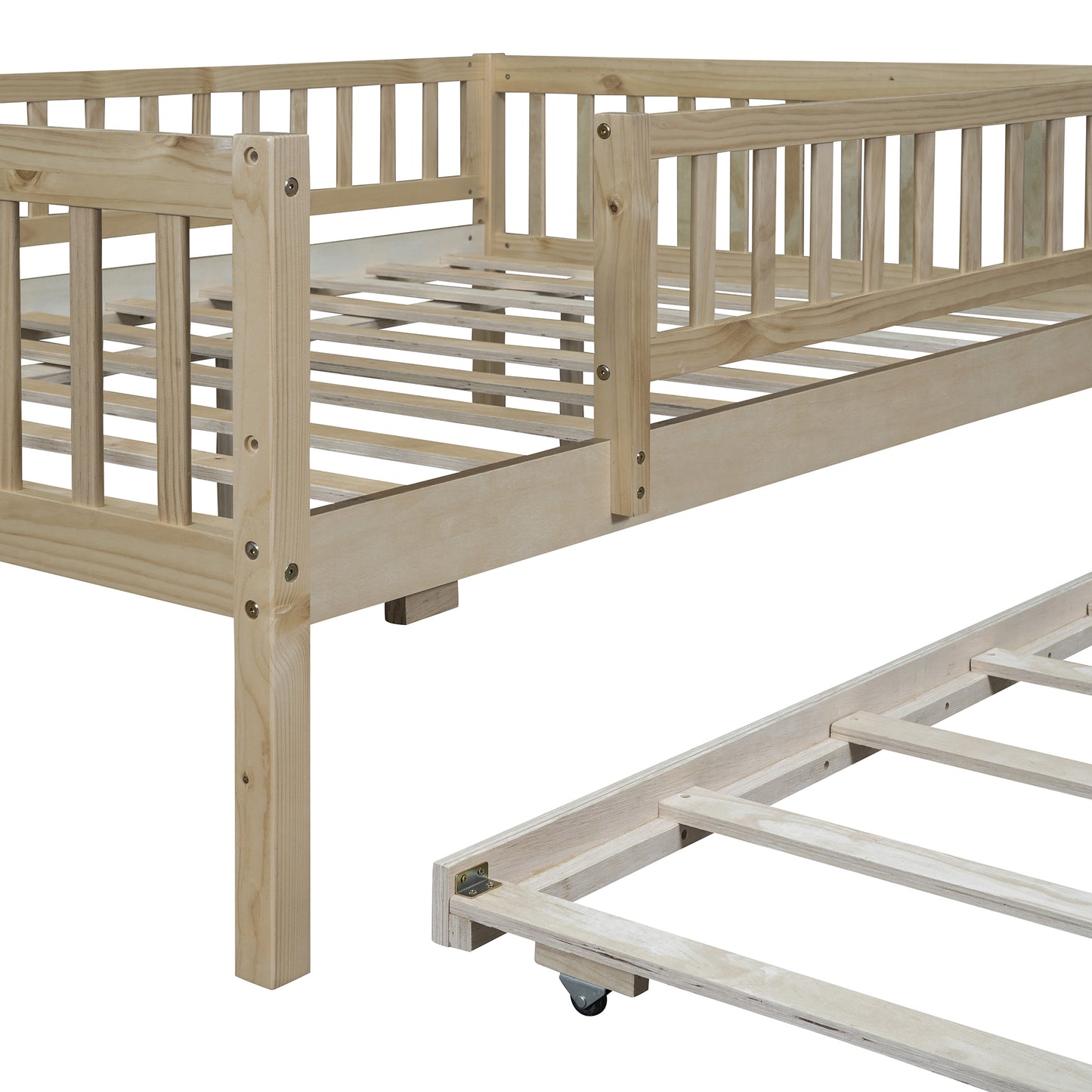 Light wood twin bed frame with pullout trundle