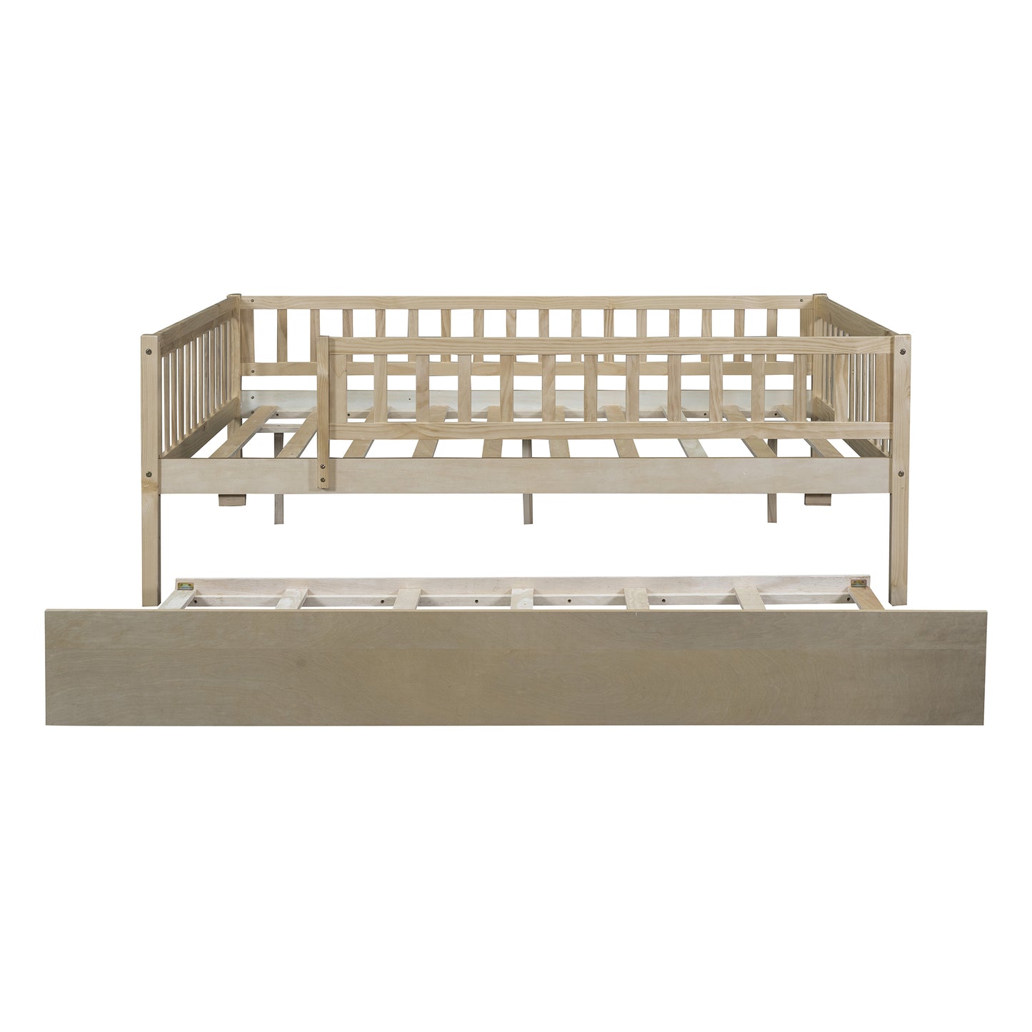 Natural wood daybed frame with slats and railing assembly required
