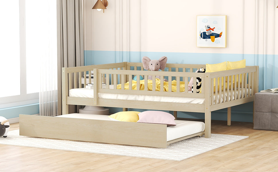 Light tan wood twin daybed with pullout trundle perfect for kids rooms