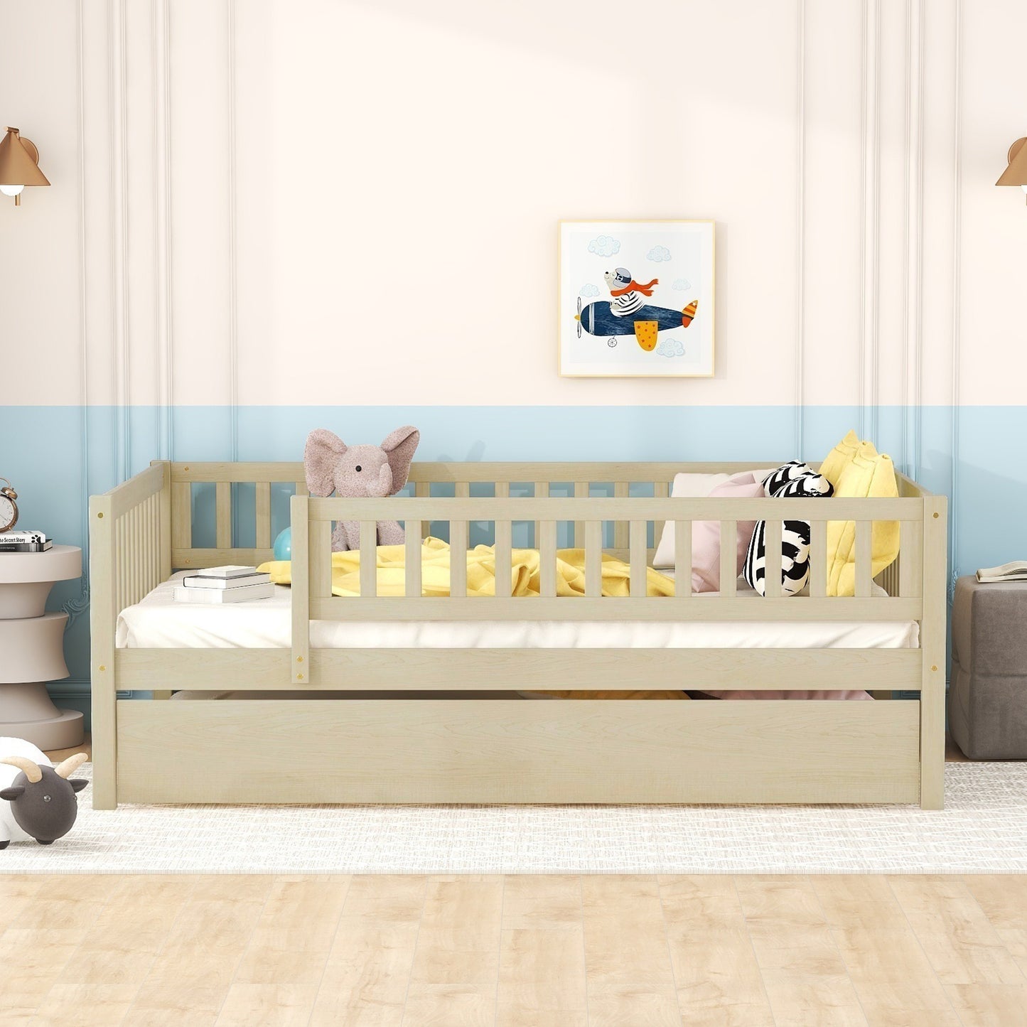 Lightwood toddler bed with safety rails and pullout trundle