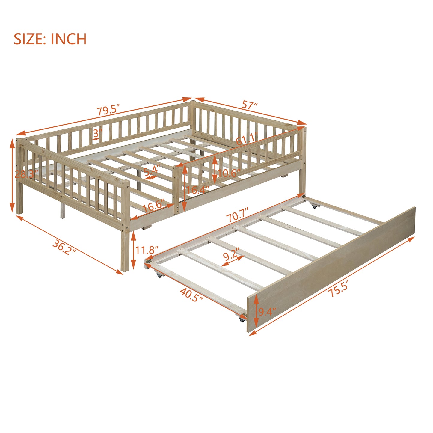 Natural wood twin bed frame with pullout trundle dimensions displayed