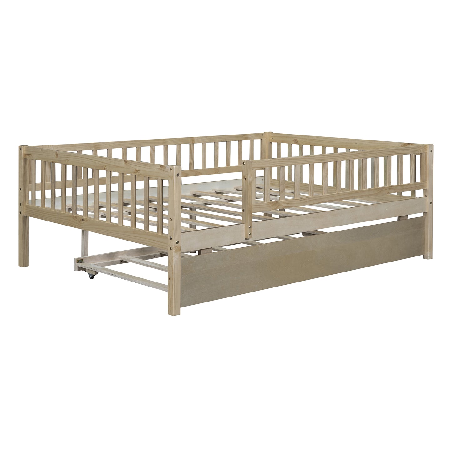 Natural wood toddler bed with pullout trundle and safety rails