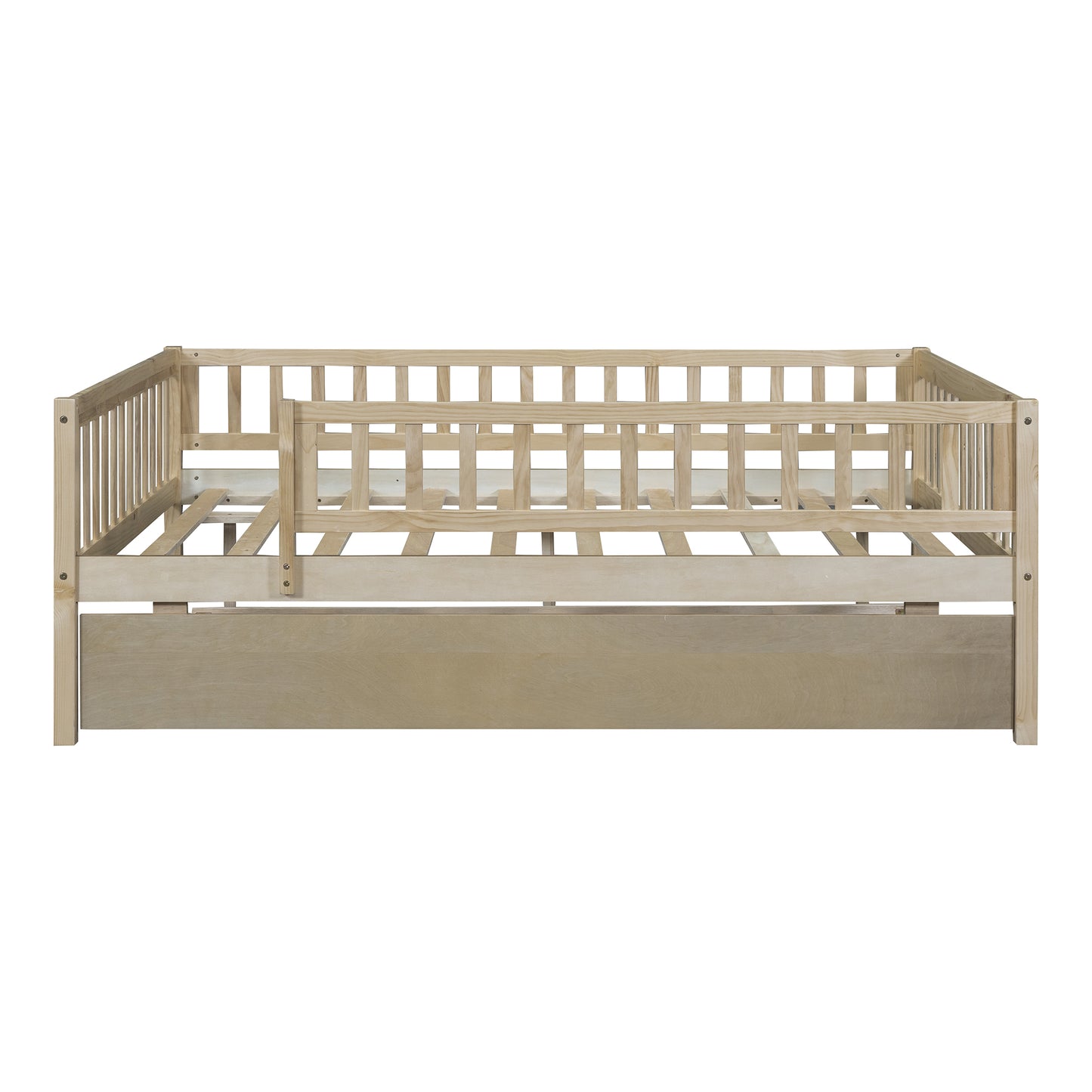 Natural wood twin daybed with guardrails and pullout trundle