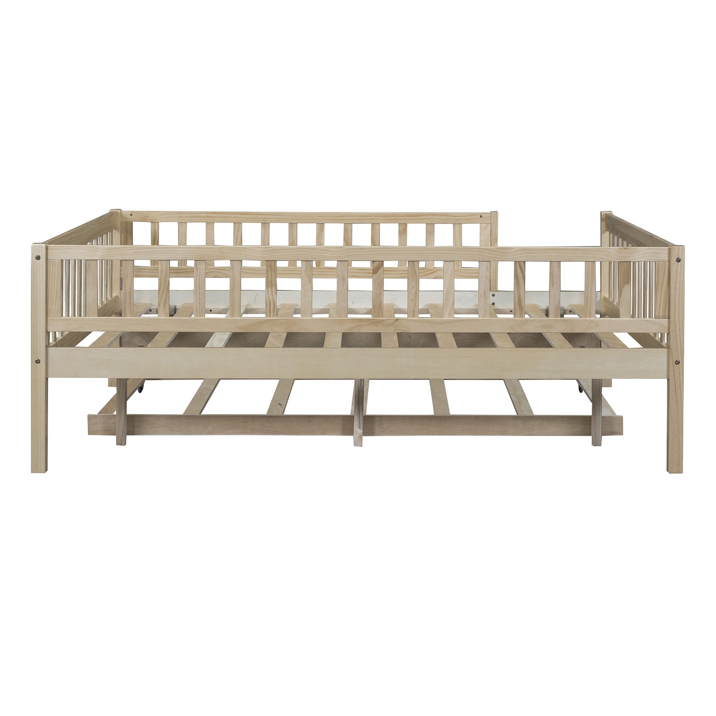 Natural pine wood toddler bed frame with protective rails