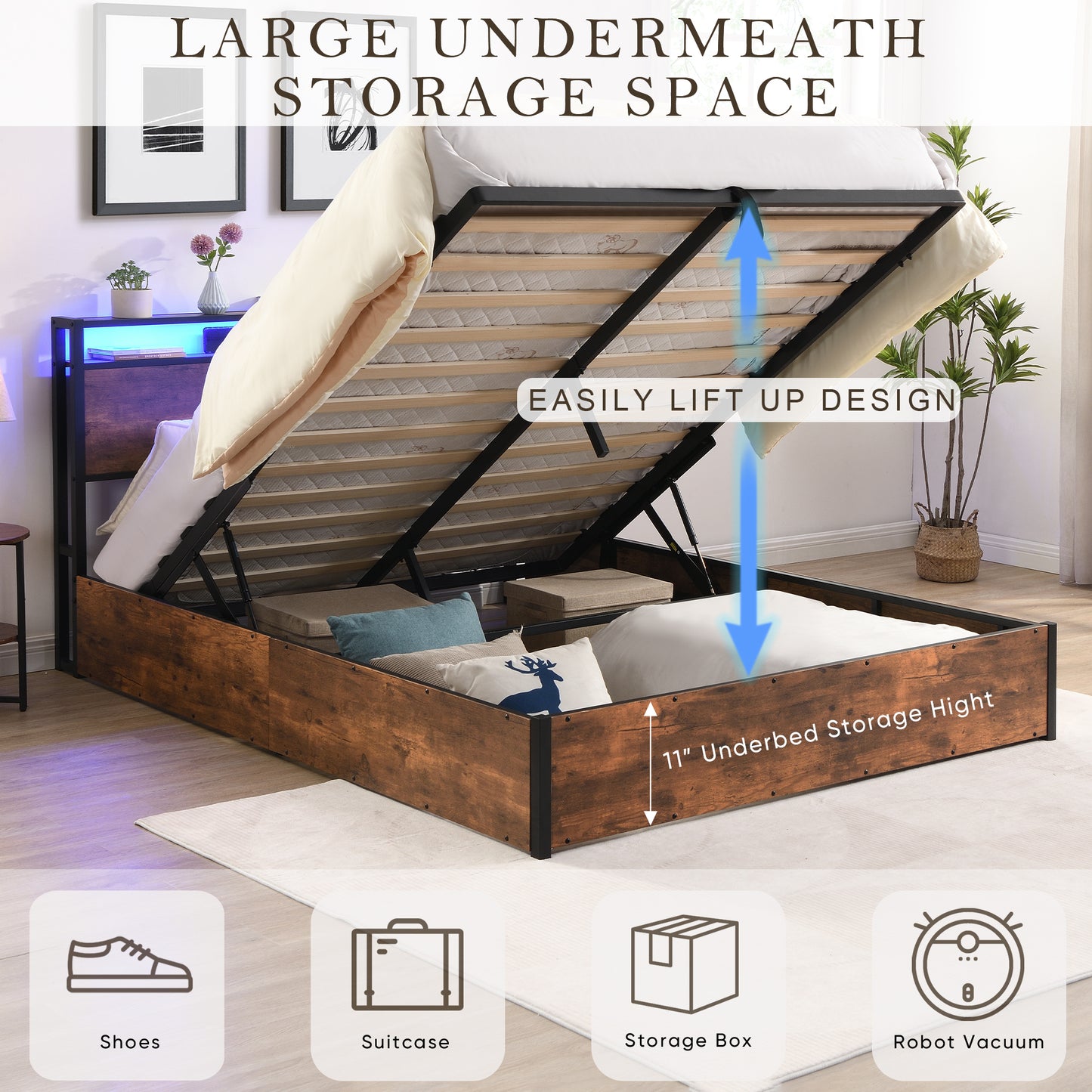 Rustic wood storage bed frame with hydraulic lift mechanism for easy mattress access
