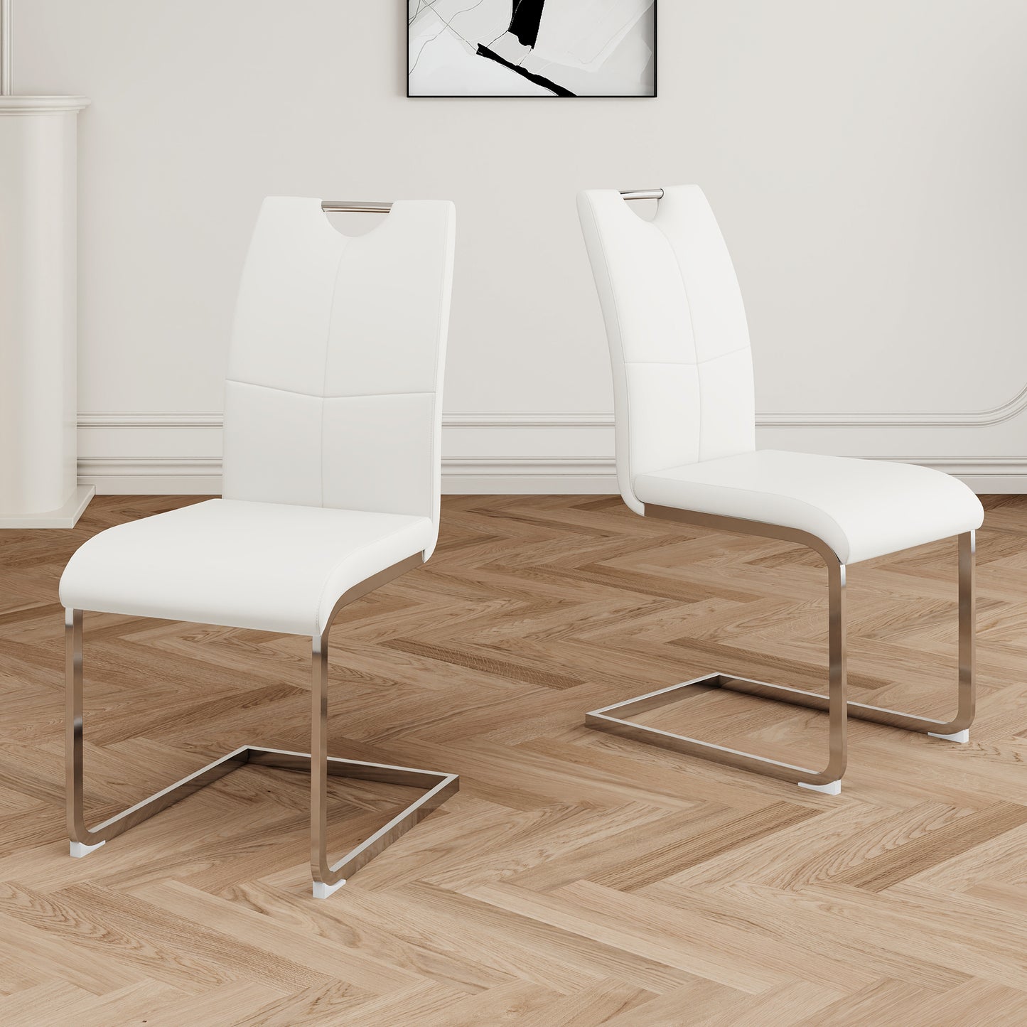White faux leather dining chairs with chrome sled base