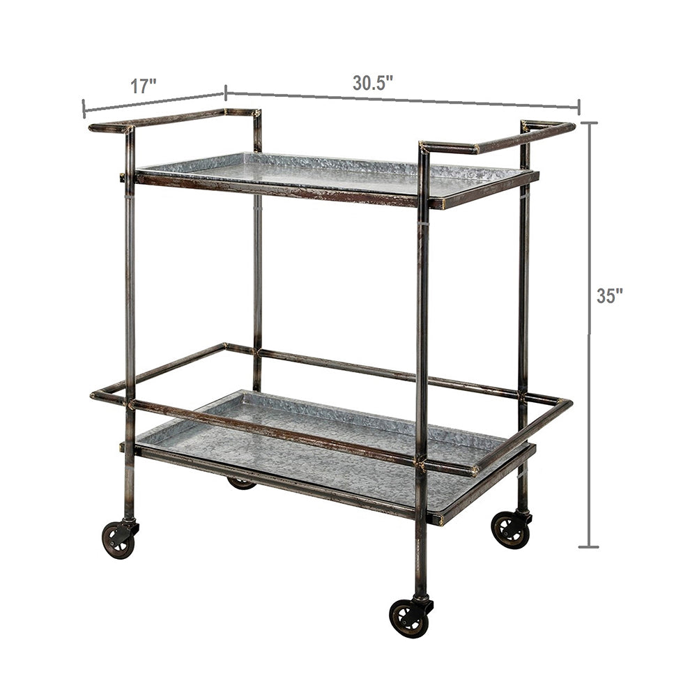 Rustic industrial bar cart with two galvanized metal shelves and black metal frame