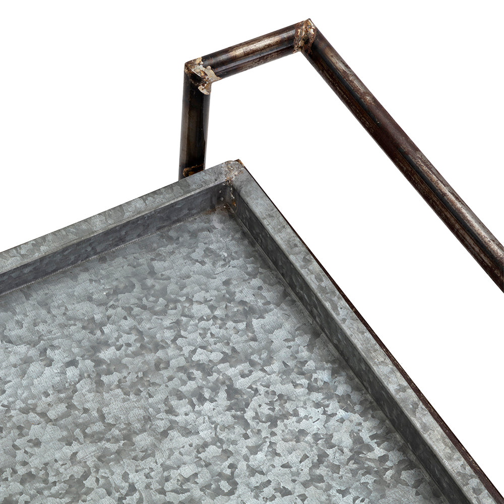 Rustic galvanized metal tray with dark metal frame detail