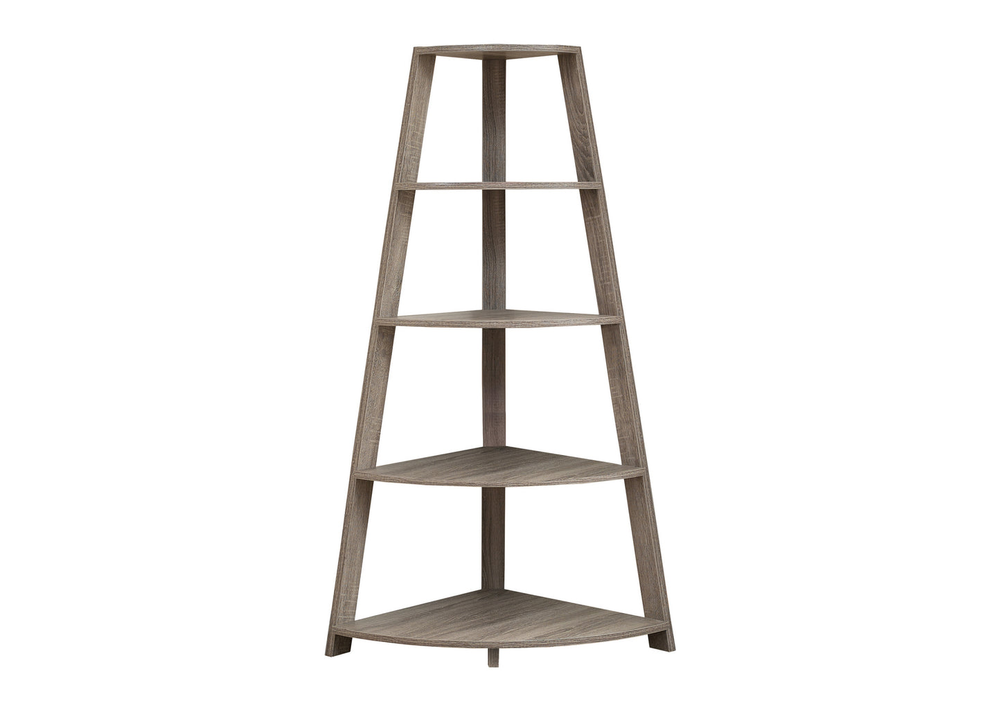 Tall grey wood fivetier corner shelf for living room decor