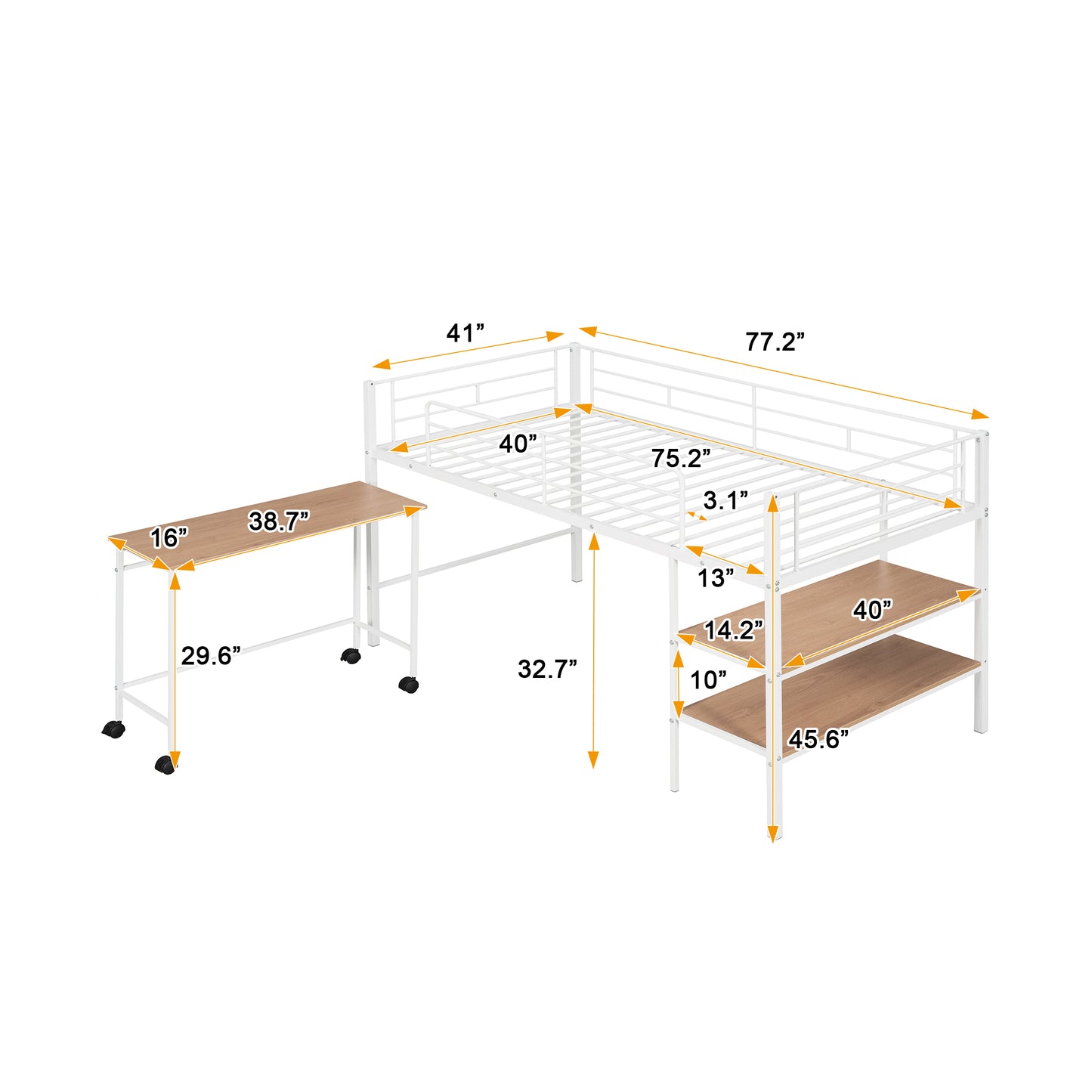 White metal loft bed with attached desk and shelves