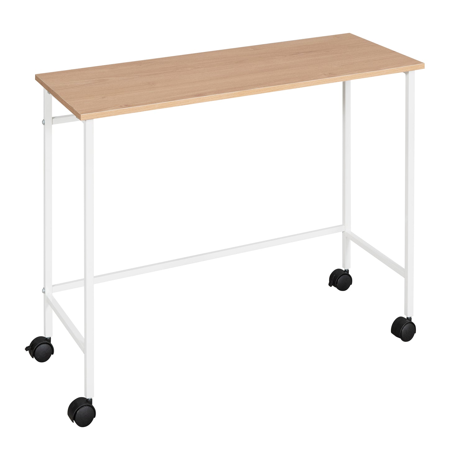 Light oak standing desk with white metal frame and black casters
