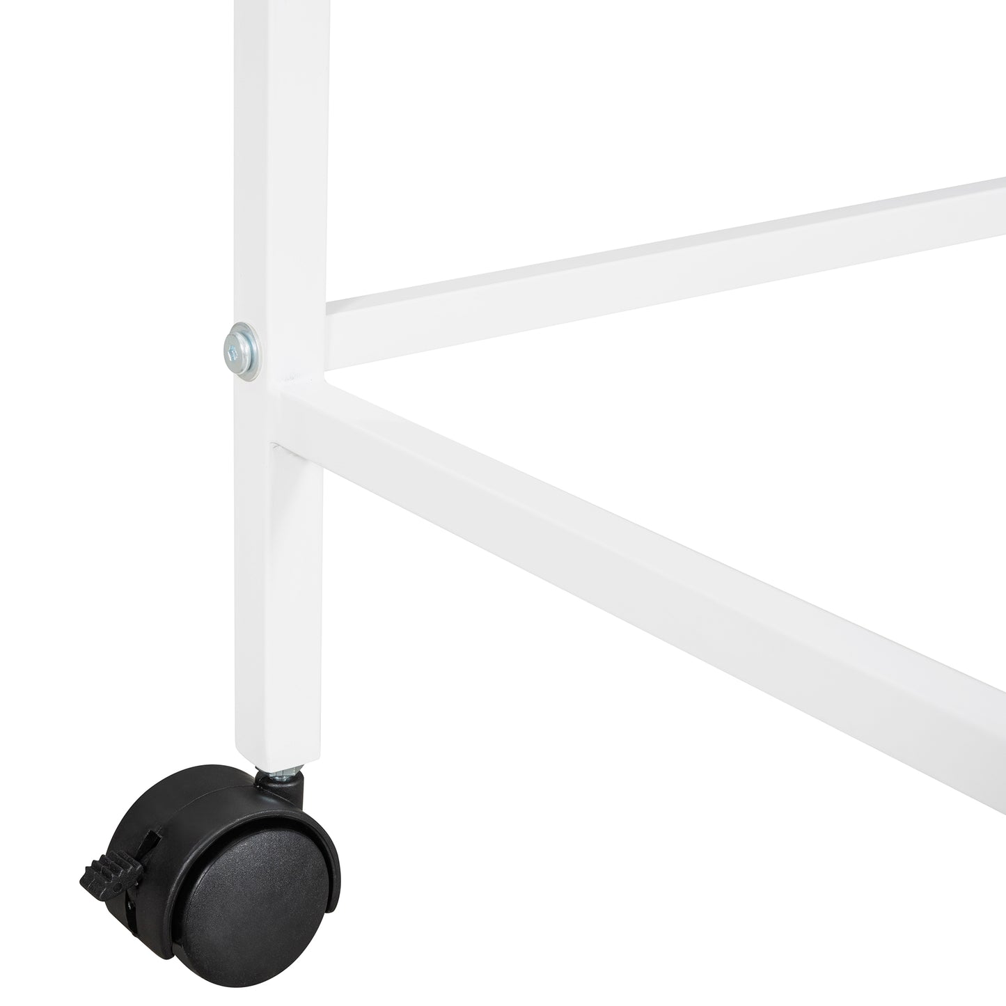 White metal frame leg with a black locking caster wheel