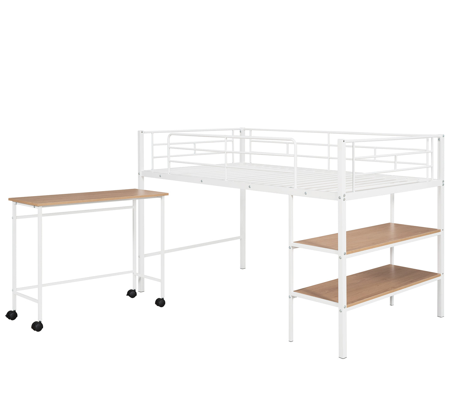 White metal loft bed with desk and shelves