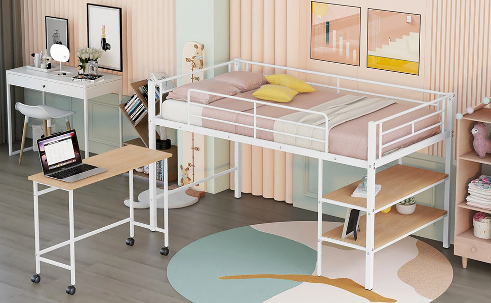 White metal twin loft bed with integrated desk and shelves perfect for kids rooms