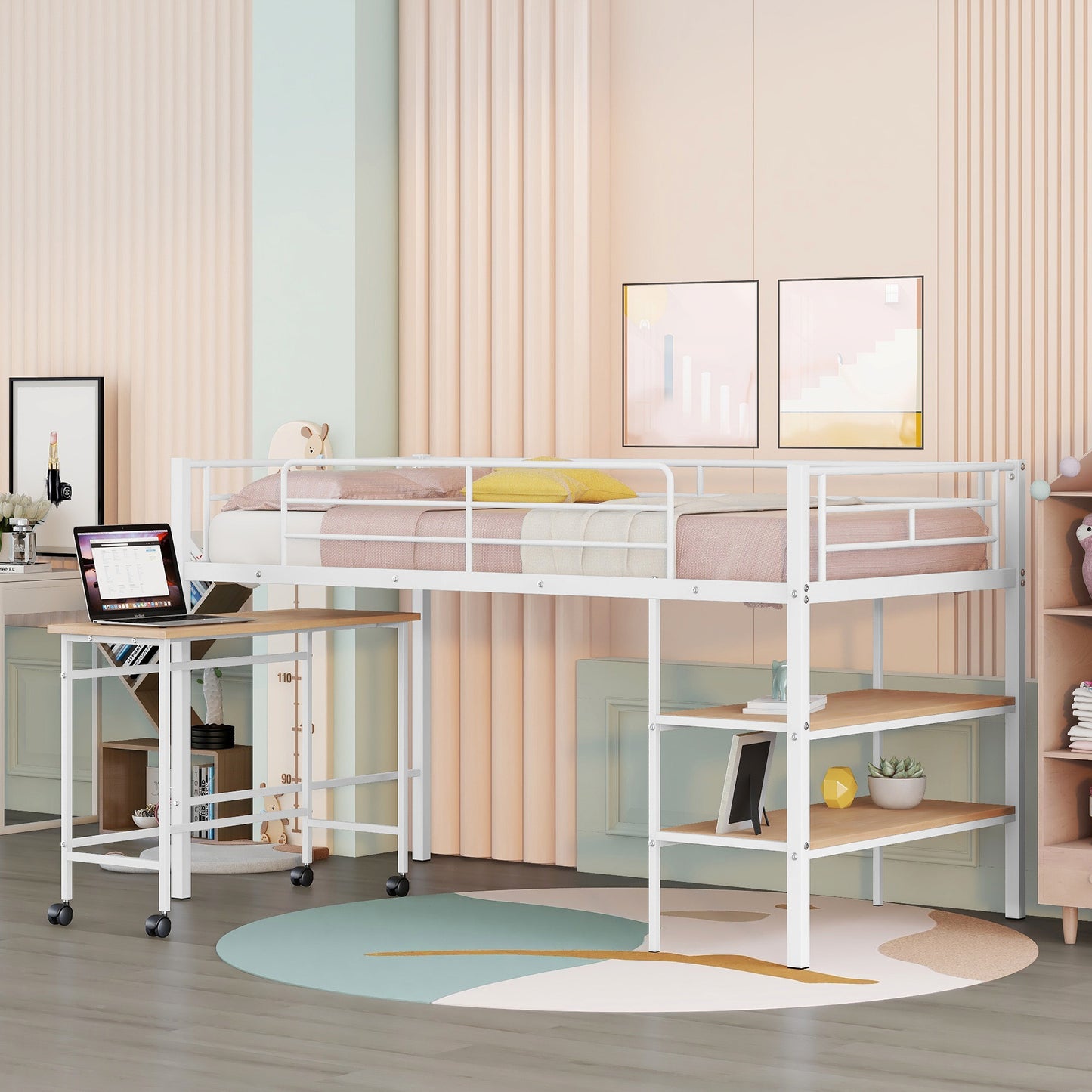 White metal loft bed with integrated desk and shelves for kids