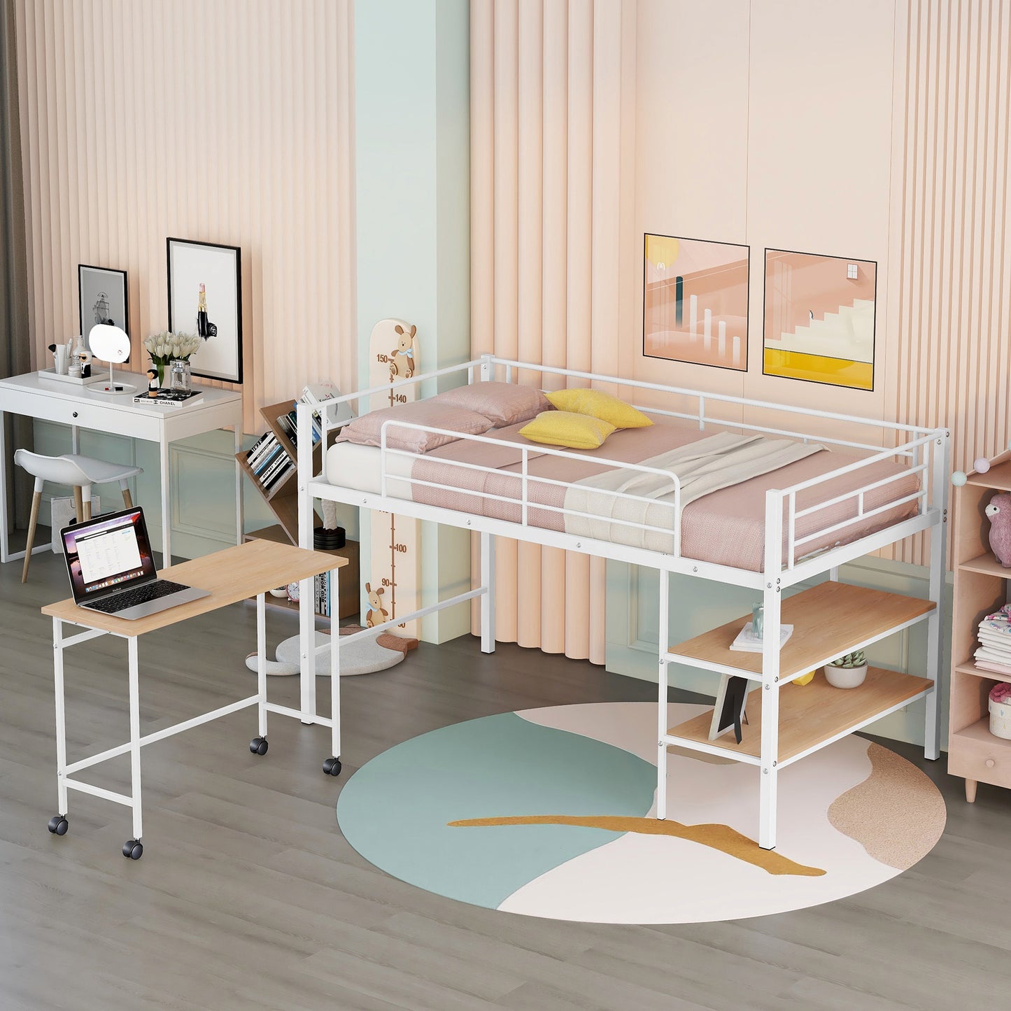White metal loft bed with pink bedding yellow pillows and attached shelving unit