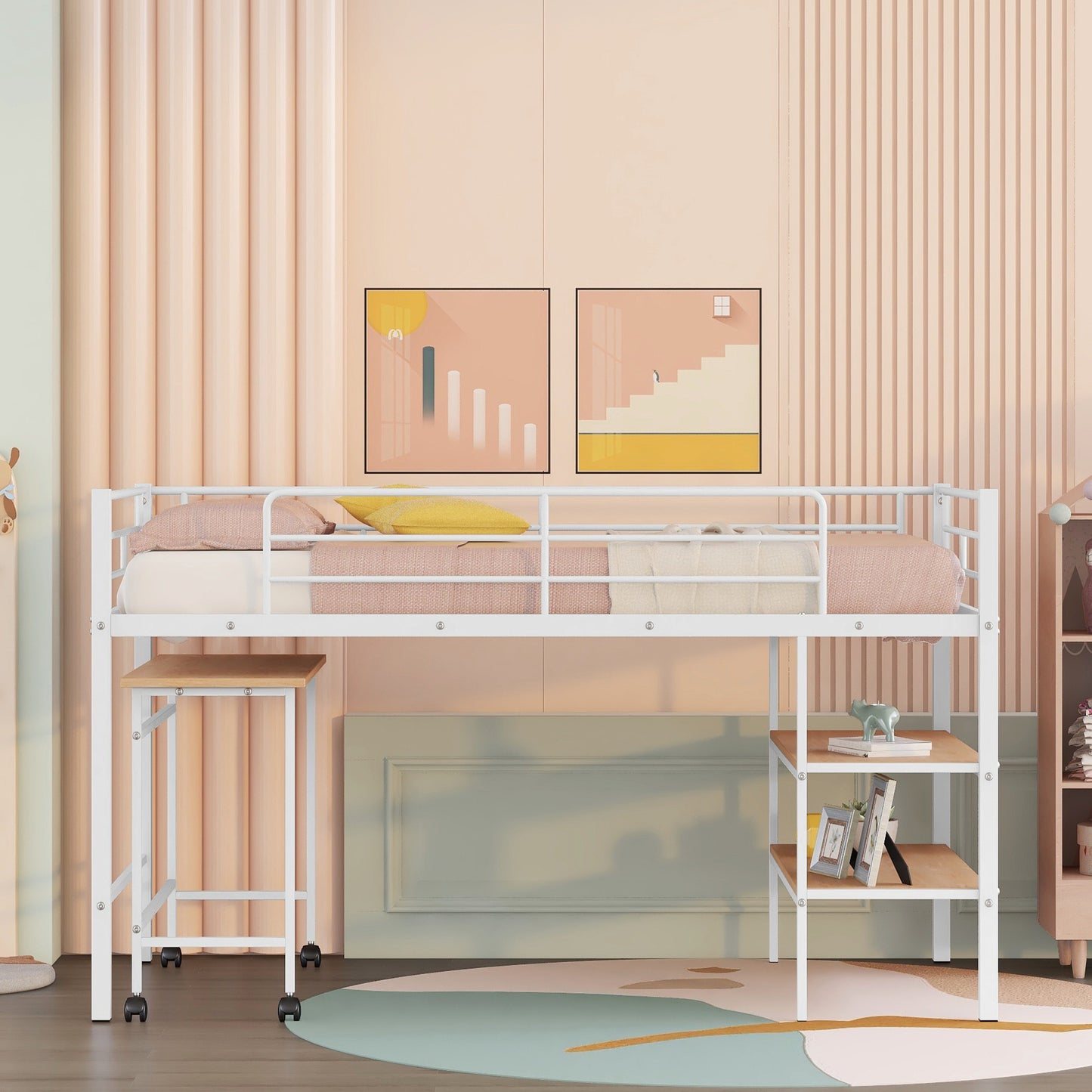 White metal loft bed with desk and shelves featuring a twin mattress and pink bedding