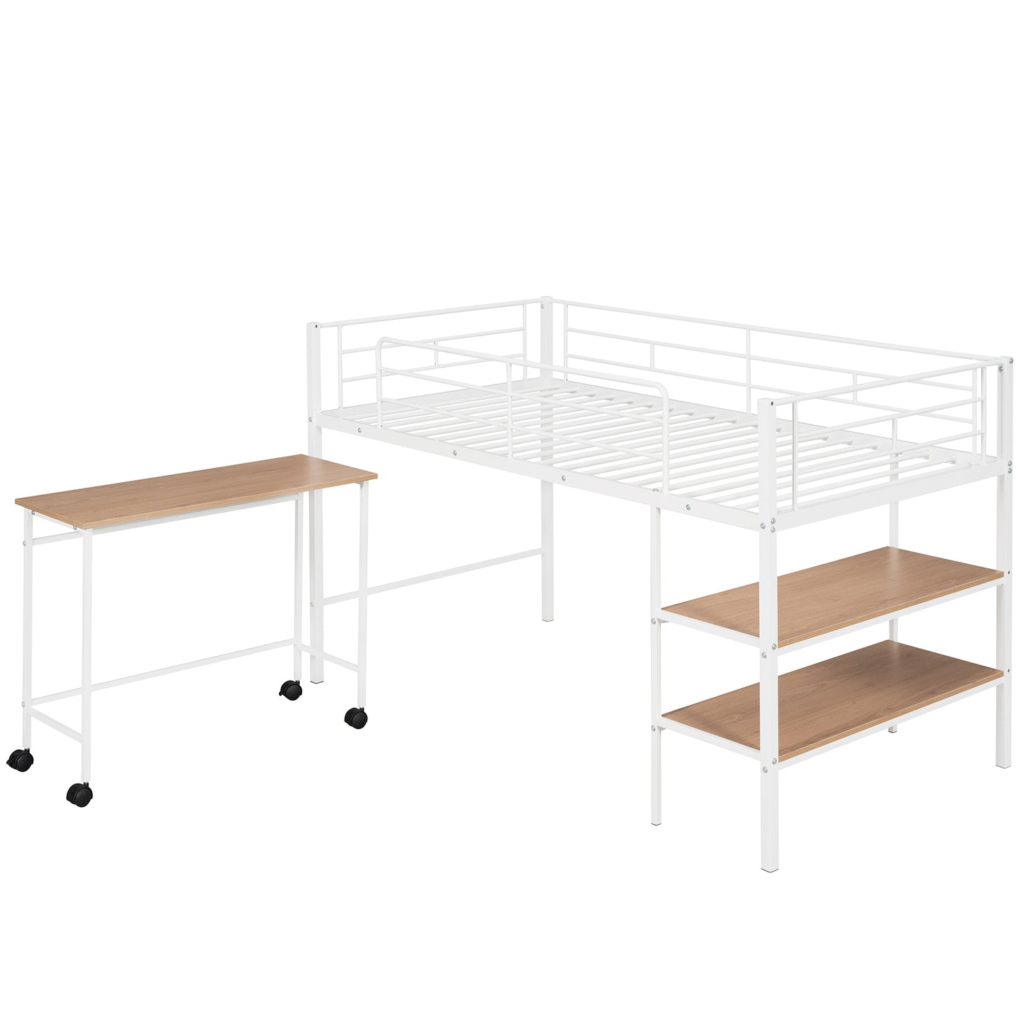 White metal loft bed with integrated desk and shelves