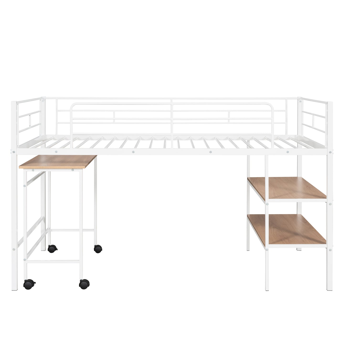 White metal loft bed with integrated desk and shelving