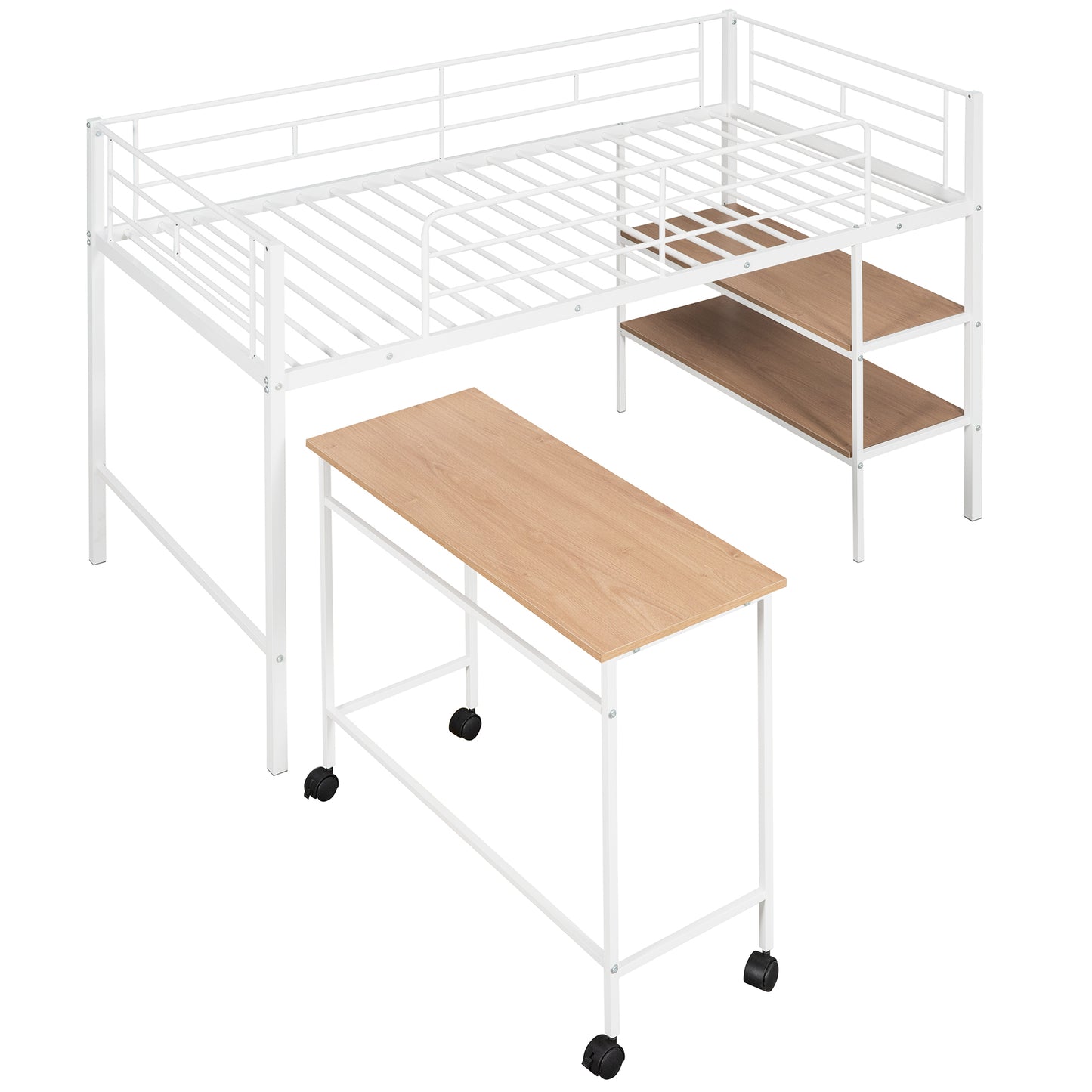 White metal loft bed with builtin desk and wood shelves
