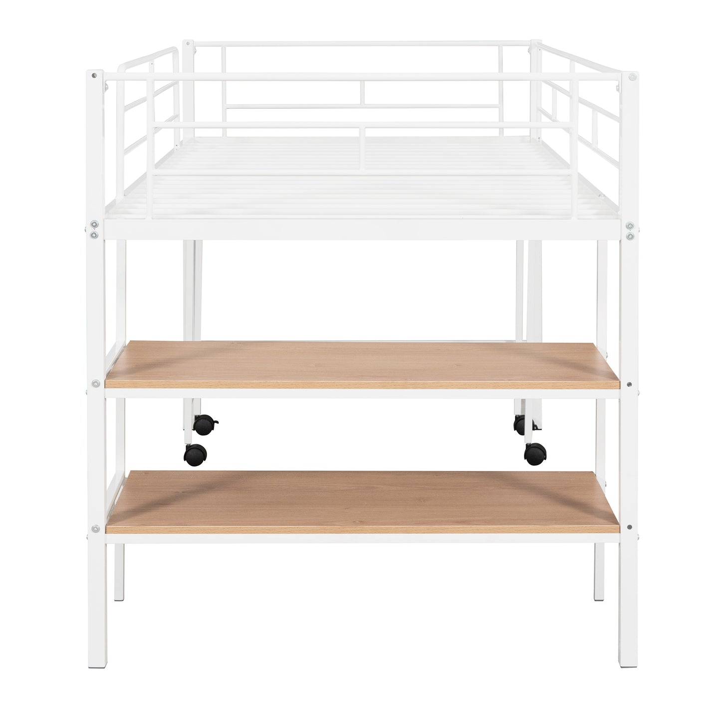 White metal loft bed frame with two wood shelves and wheels
