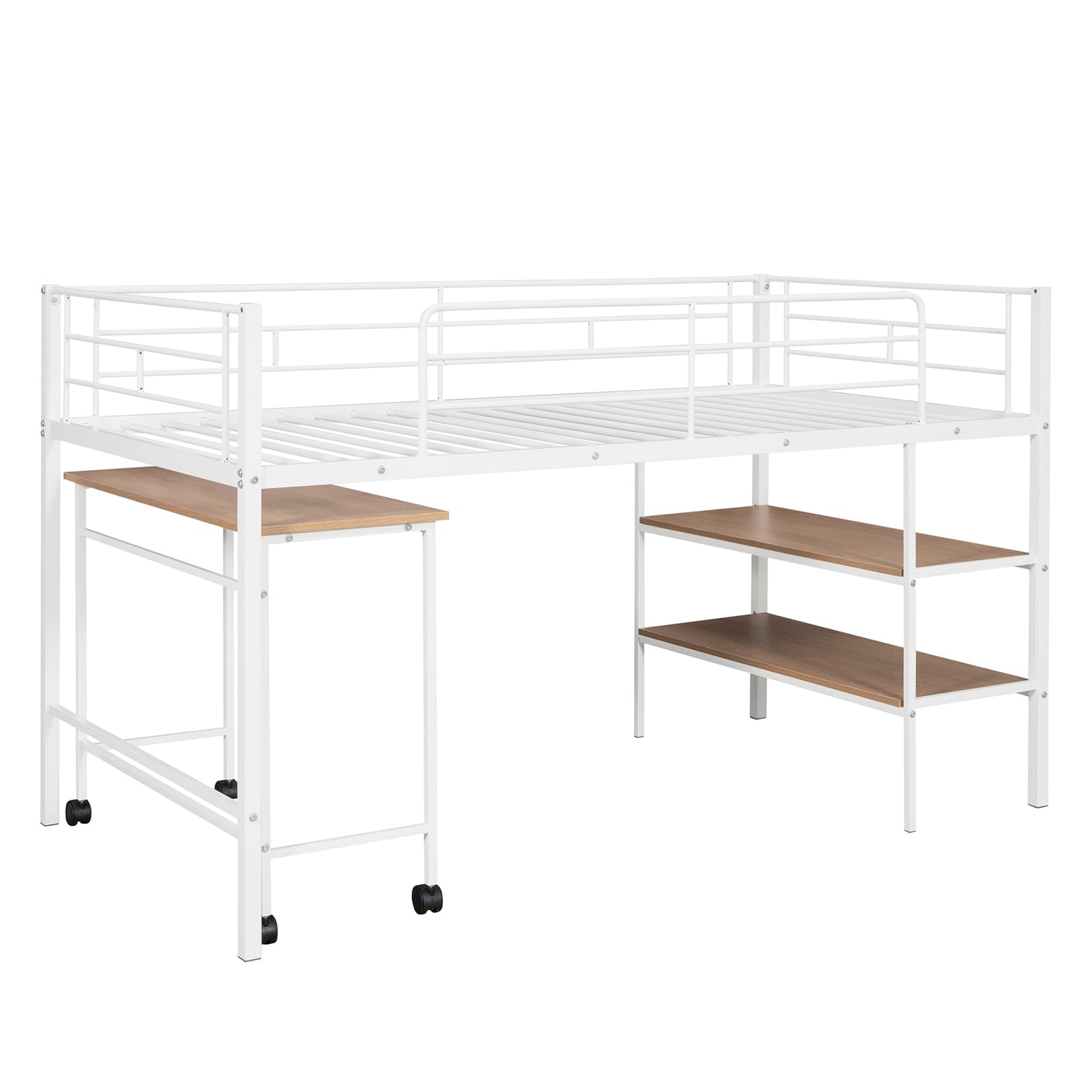 White metal loft bed with attached desk and shelving