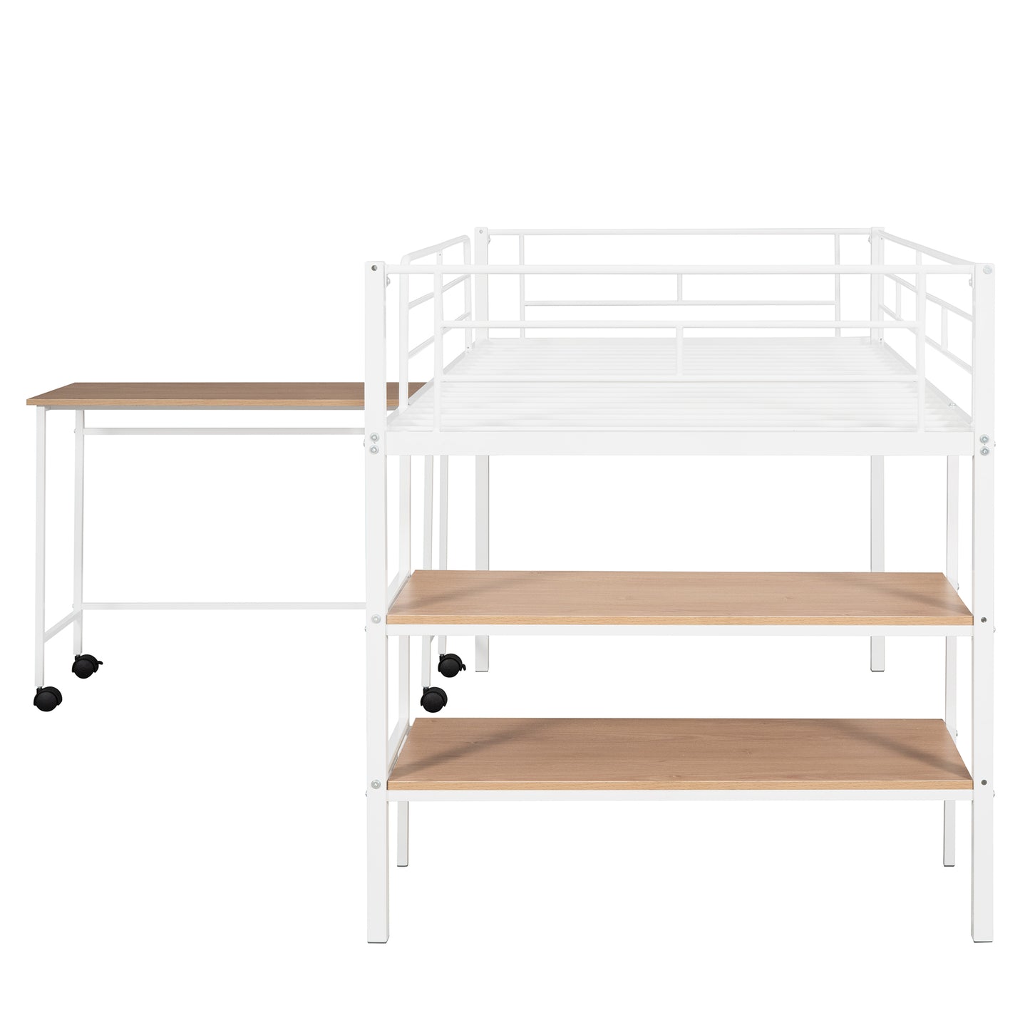 White metal loft bed with integrated desk and three woodtone shelves