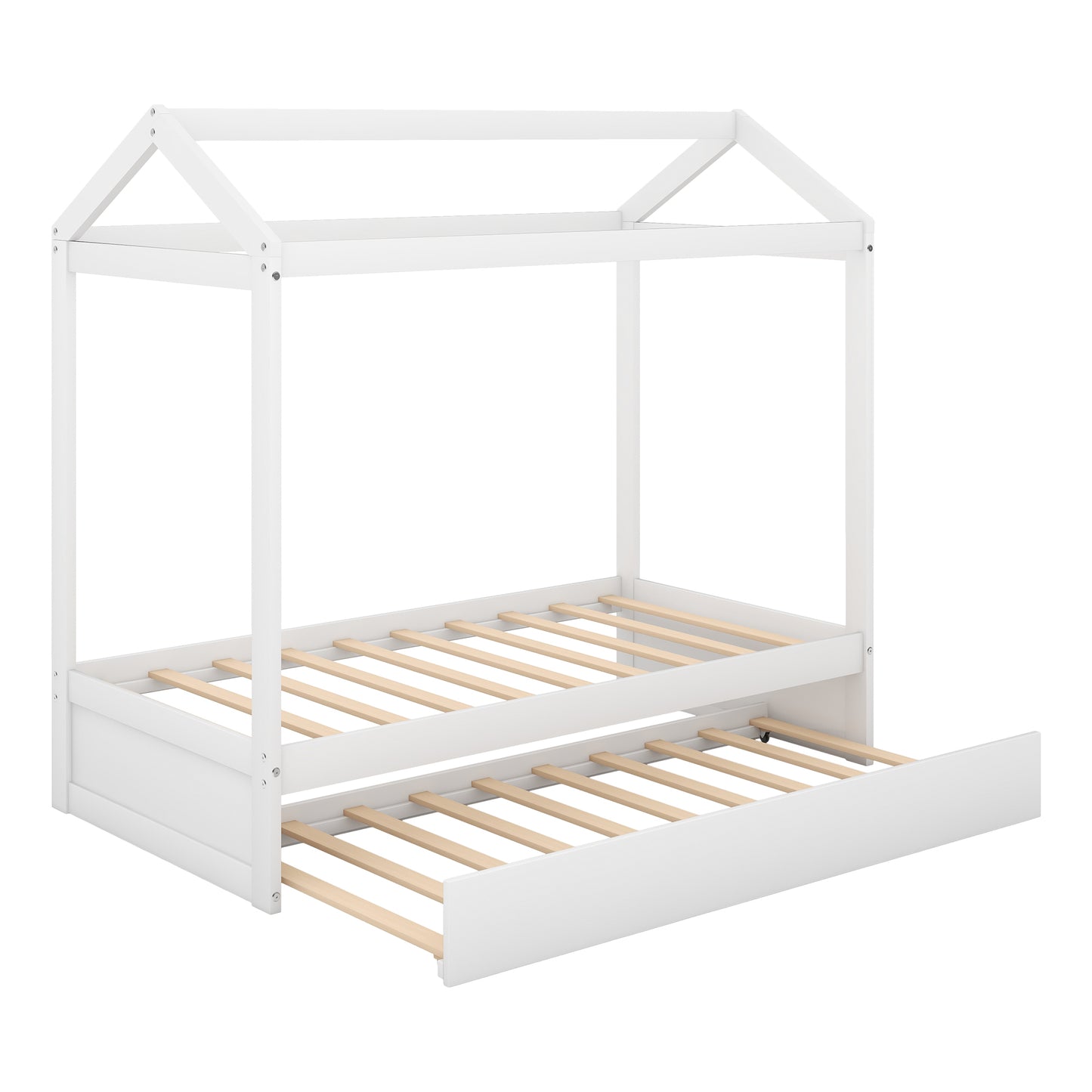 White wooden house bed frame with pullout trundle