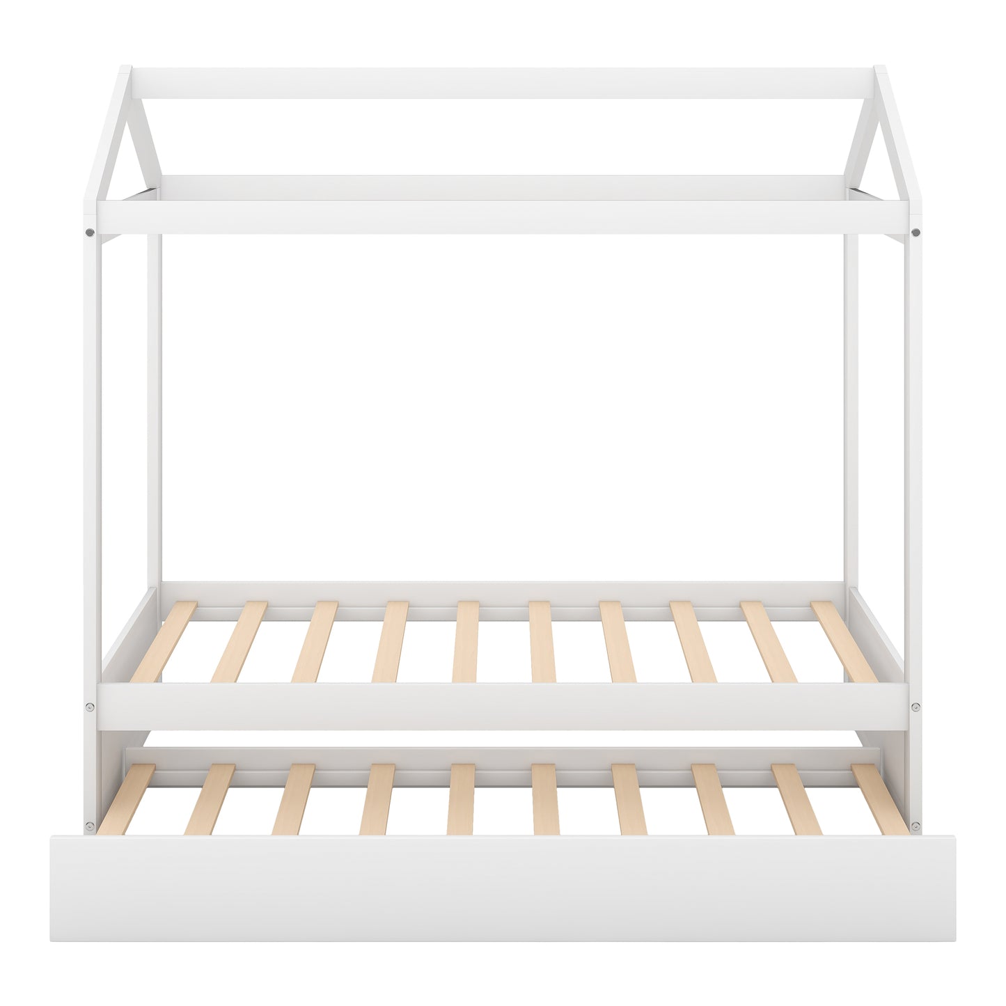 White wooden house bed frame with pullout trundle