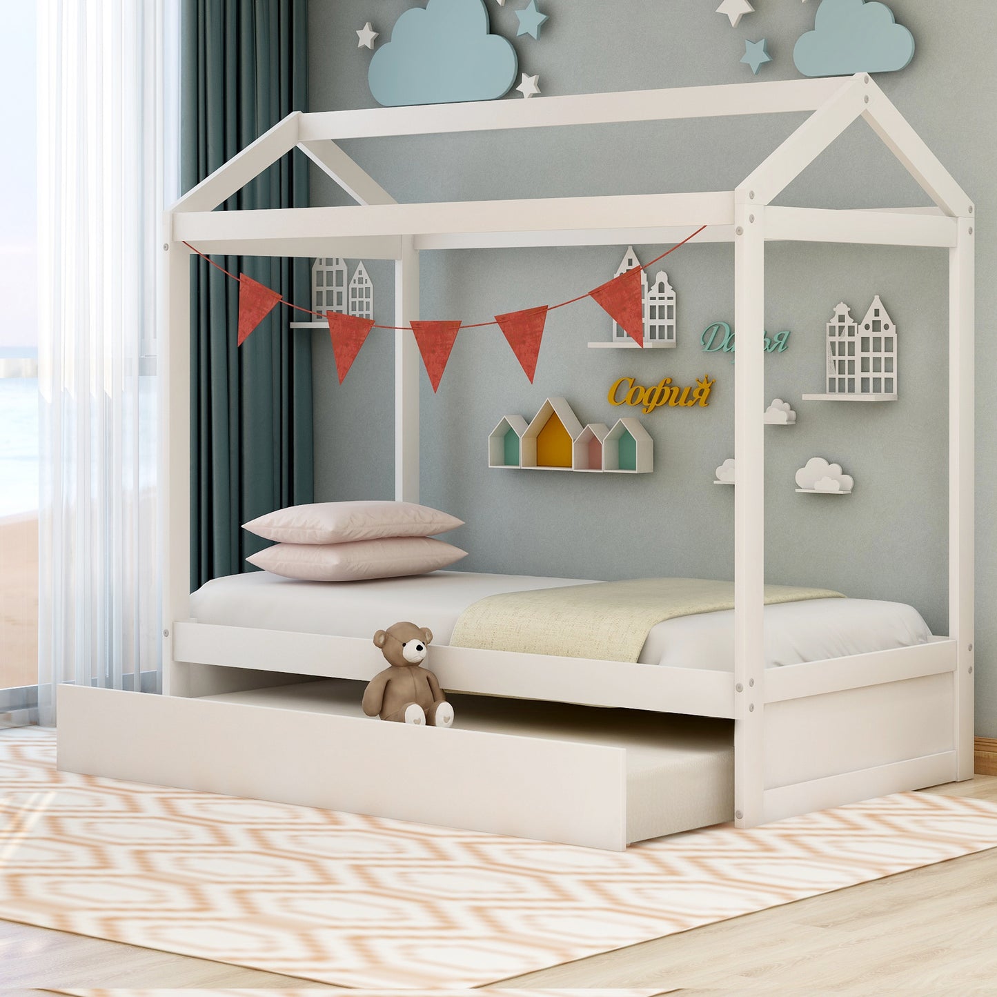 White wood house bed frame with pullout trundle
