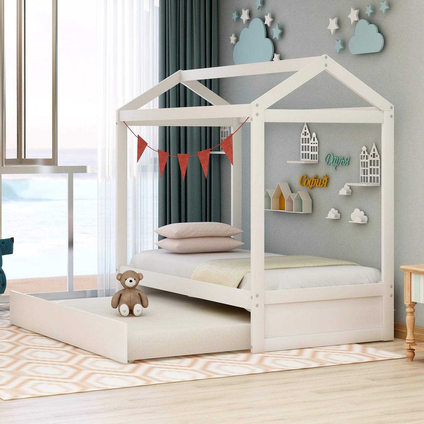 White house bed frame with trundle for children