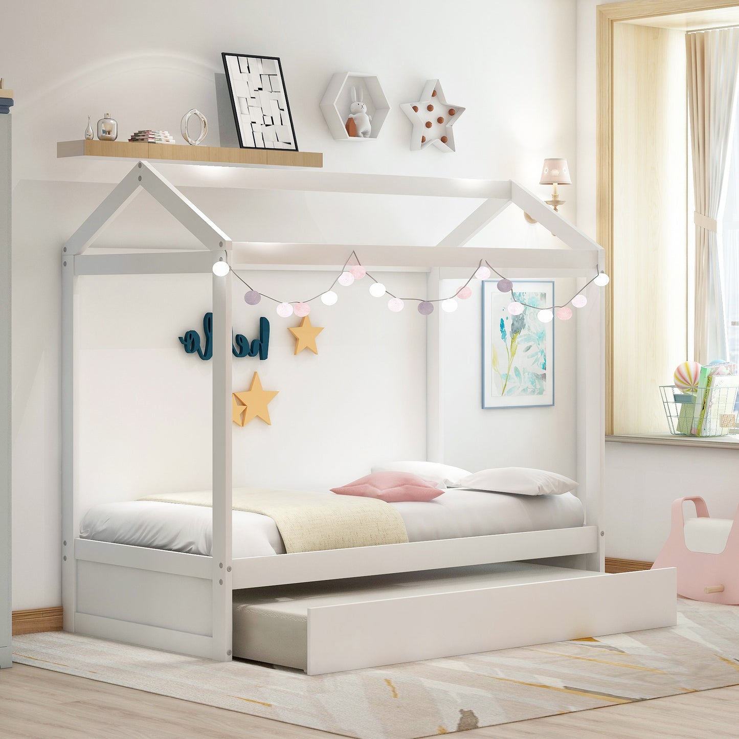 White wooden house bed frame with pullout trundle