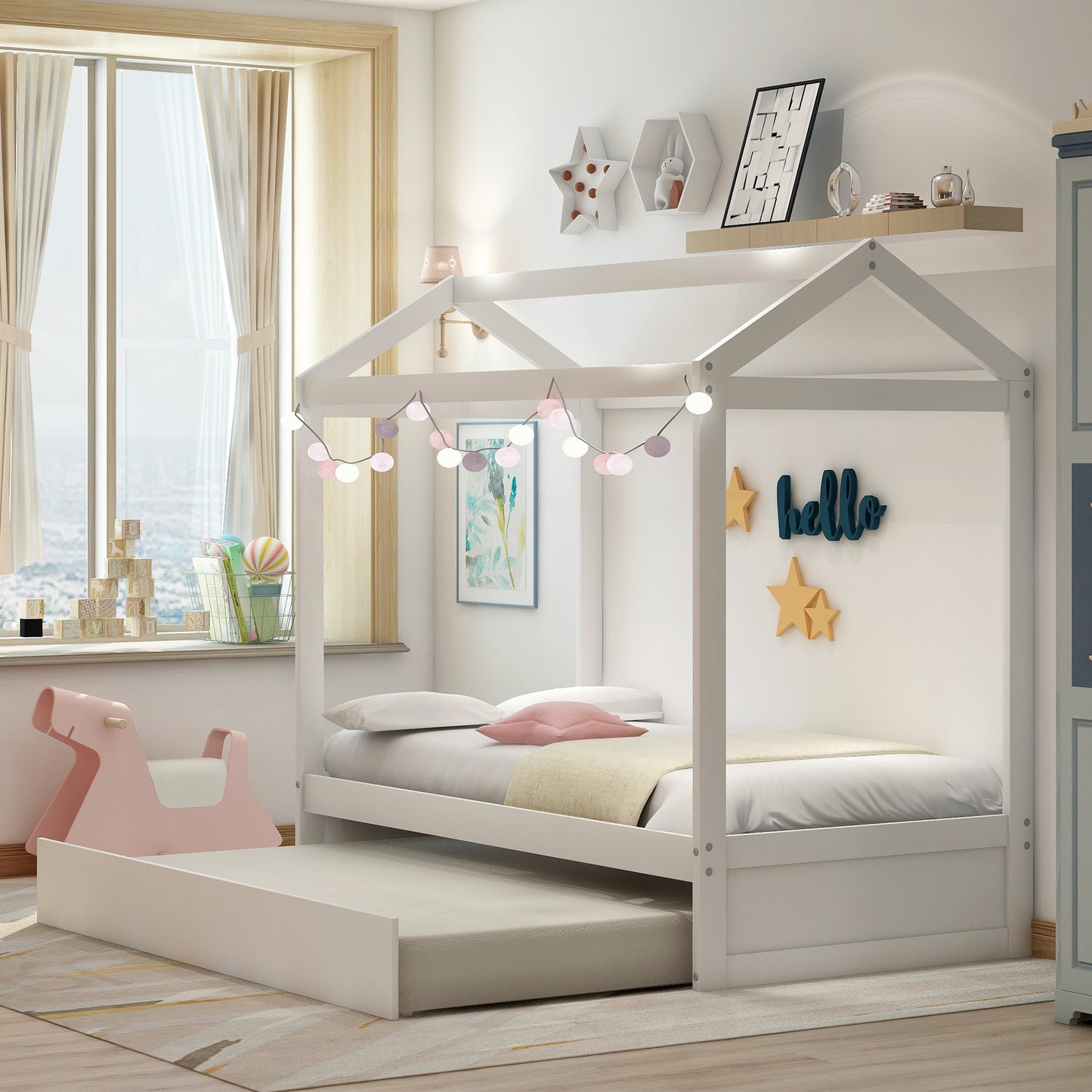 White wooden house bed frame with pullout trundle for kids