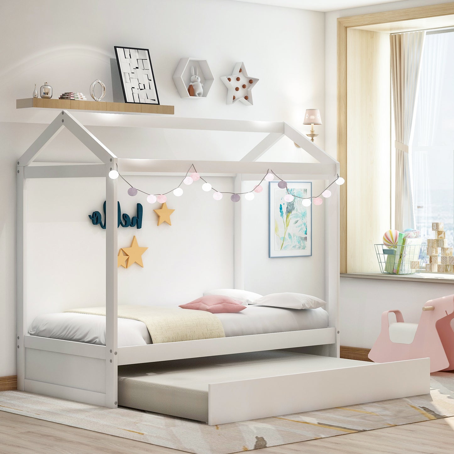 White wooden house bed frame with pullout trundle