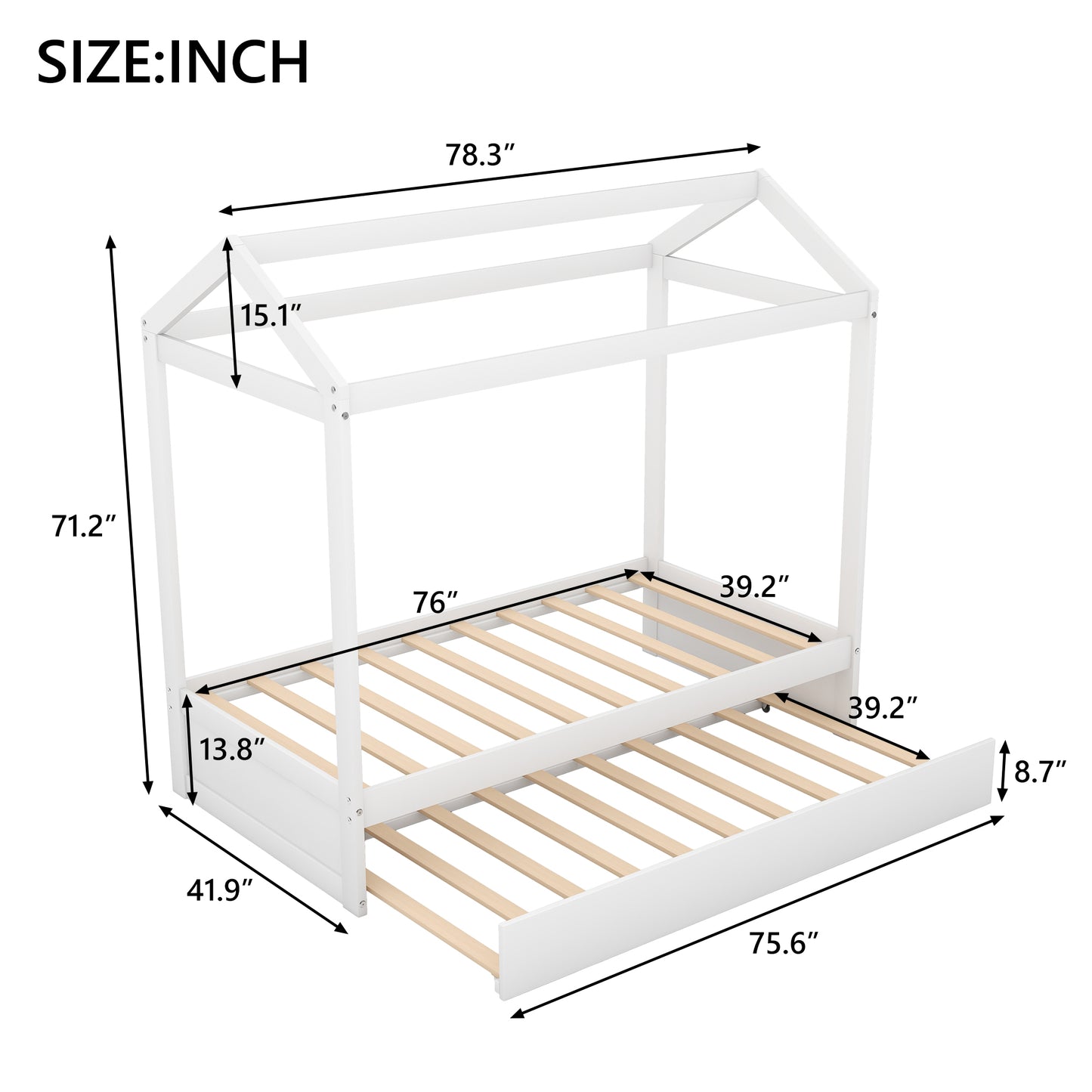 White wooden house bed frame with dimensions for kids